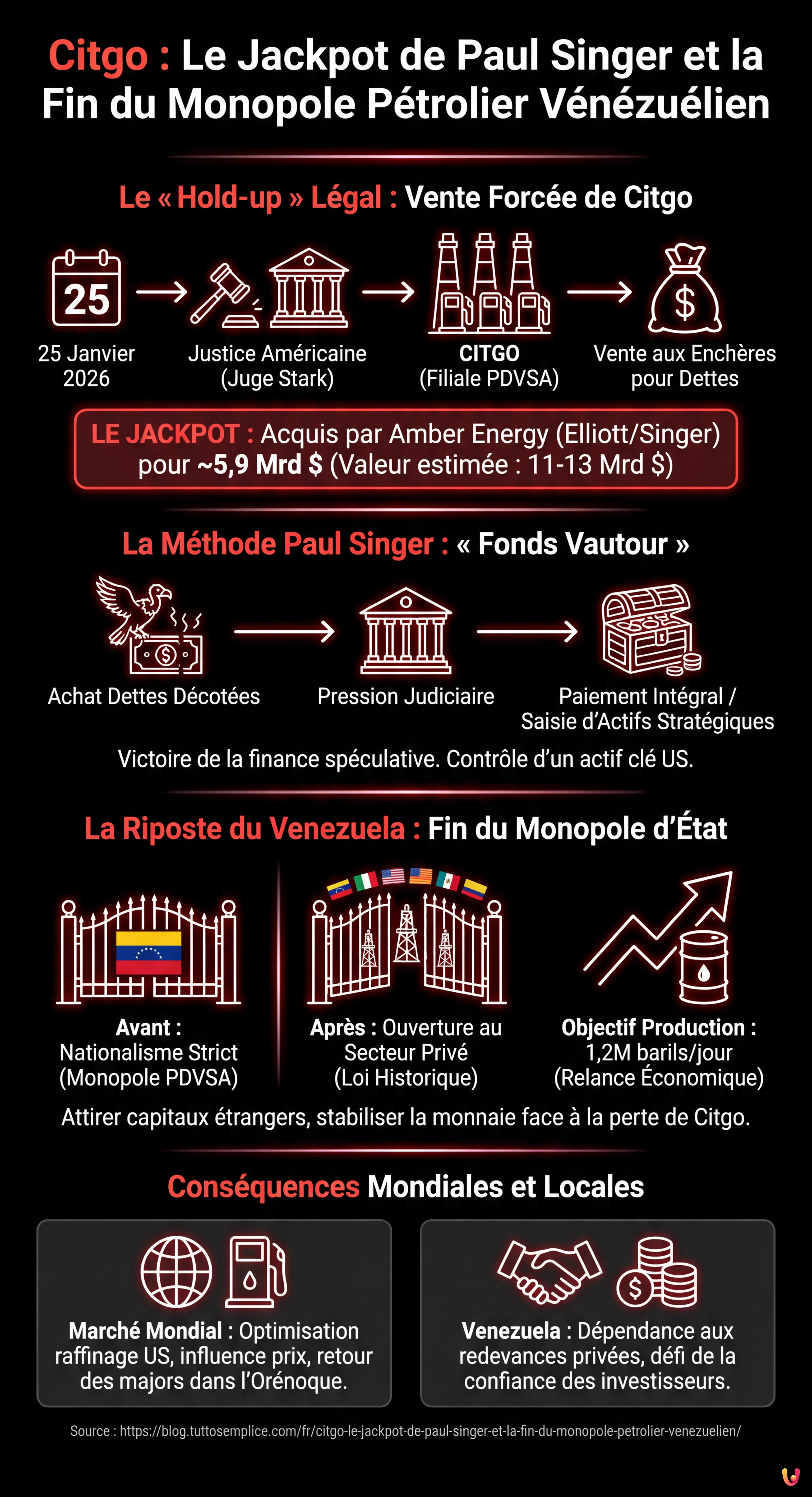 Citgo : Le jackpot de Paul Singer et la fin du monopole p&eacute;trolier v&eacute;n&eacute;zu&eacute;lien - Infographie r&eacute;sumant