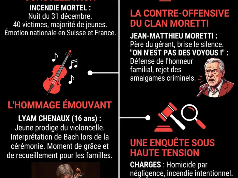 Infografica: Drame de Crans-Montana : le clan Moretti se d&eacute;fend, l'hommage de Lyam Chenaux