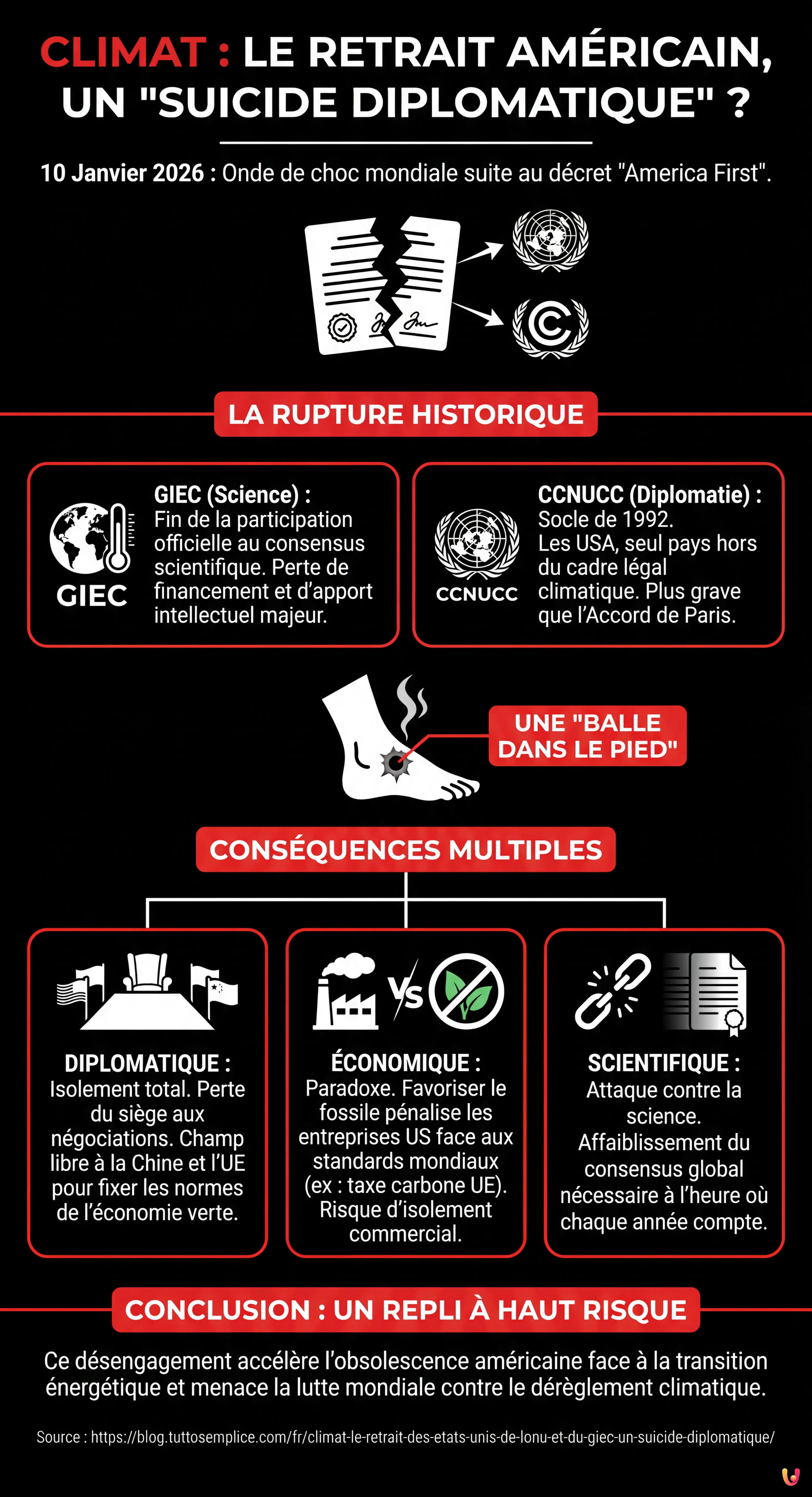 Climat : le retrait des &Eacute;tats-Unis de l'ONU et du GIEC, un suicide diplomatique ? - Infografica riassuntiva