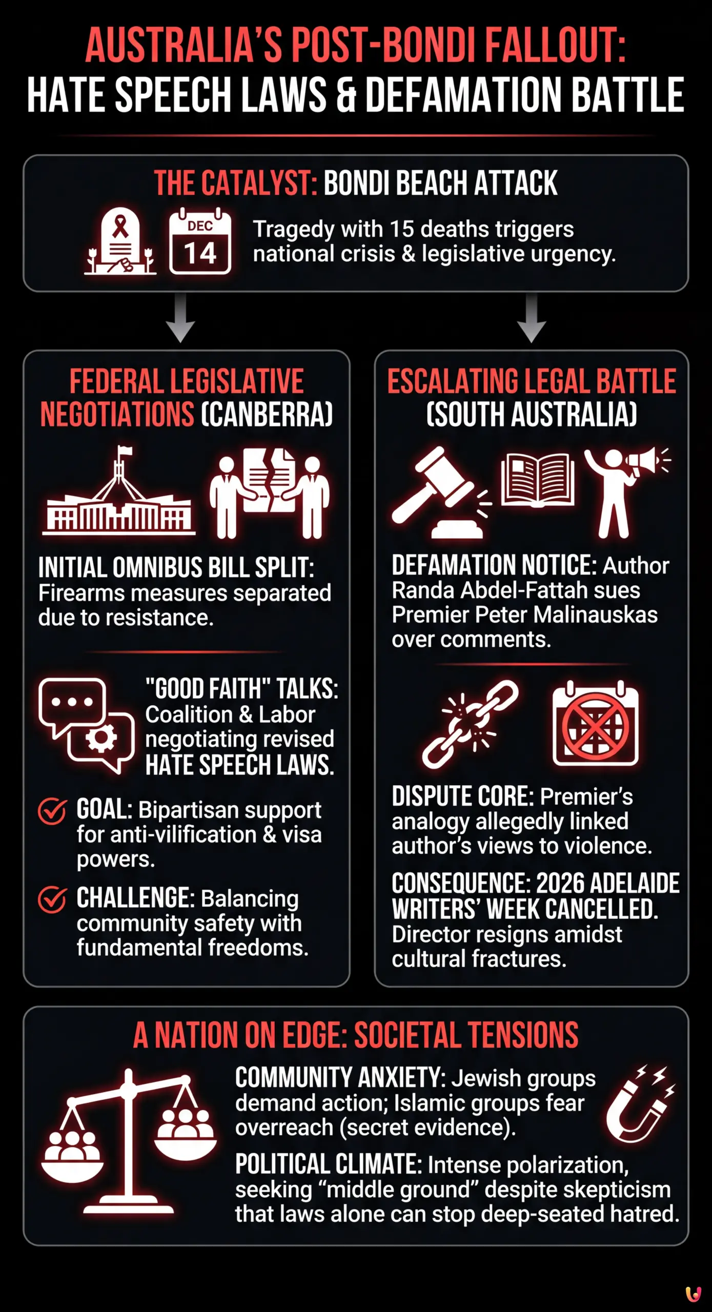 Coalition Negotiates Hate Speech Laws as Defamation Battle Escalates - Summary Infographic