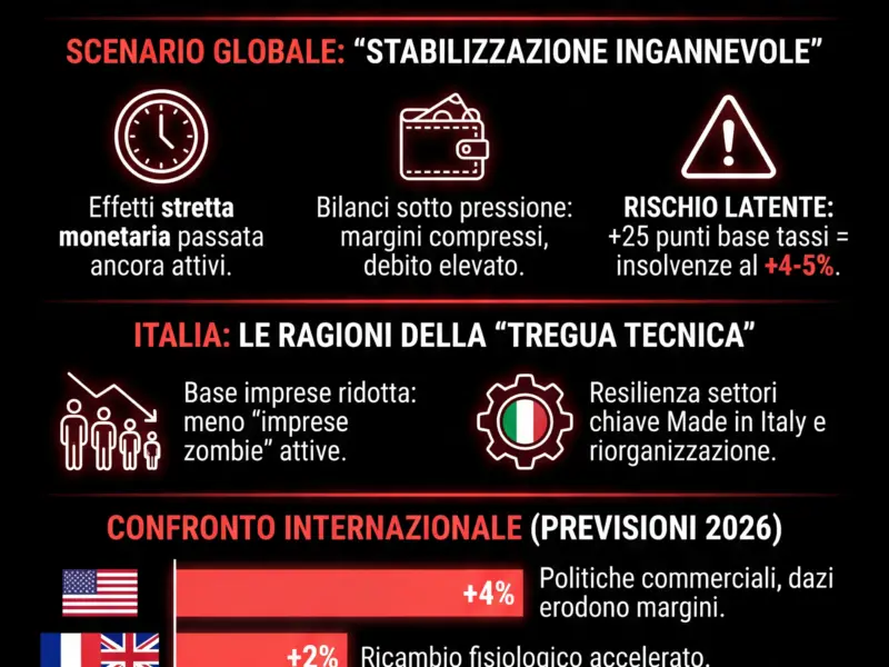 Infografica: Coface: Insolvenze Italia in calo del 2% nel 2026, trend opposto al mondo