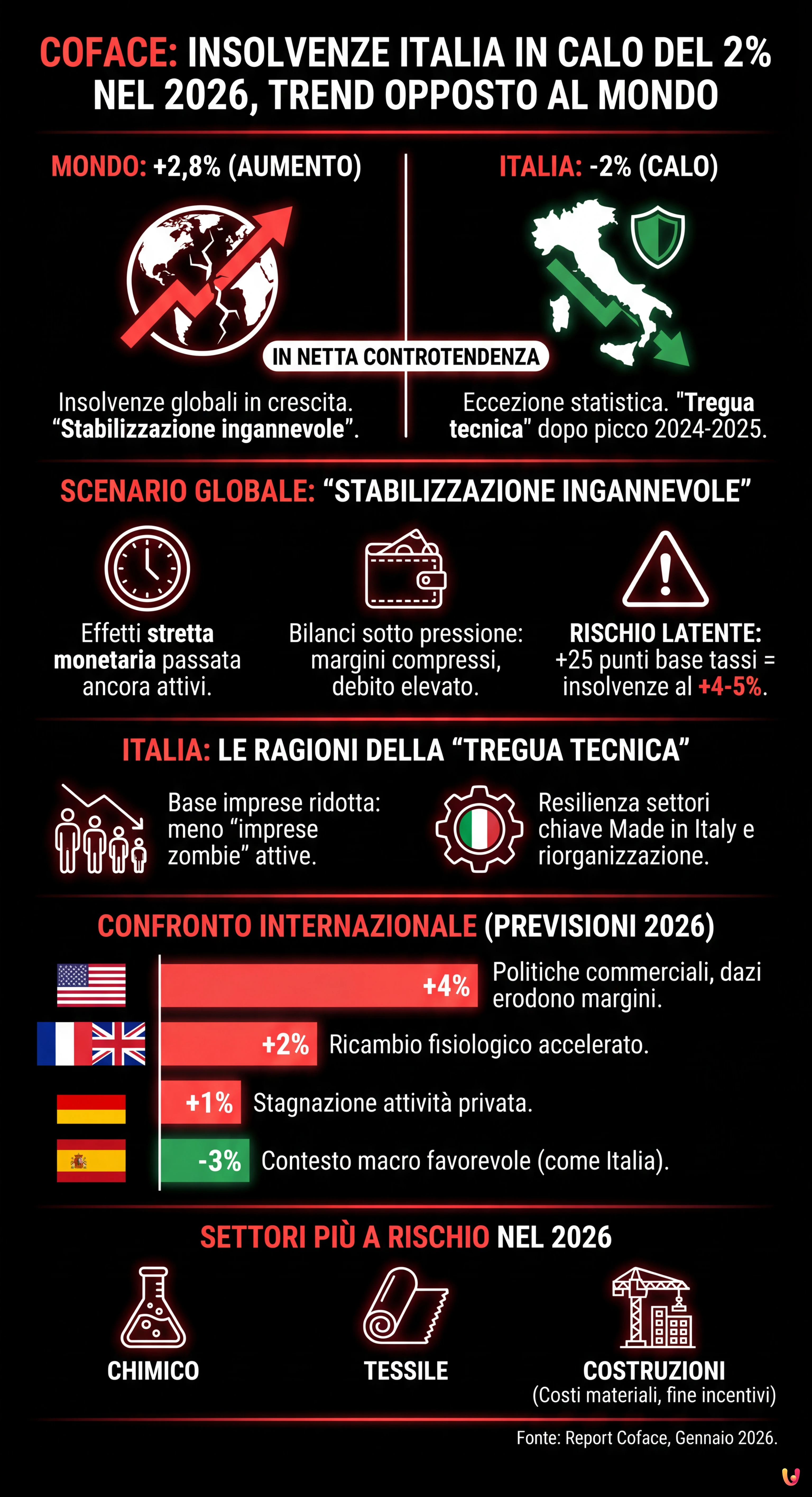 Coface: Insolvenze Italia in calo del 2% nel 2026, trend opposto al mondo - Infografica riassuntiva