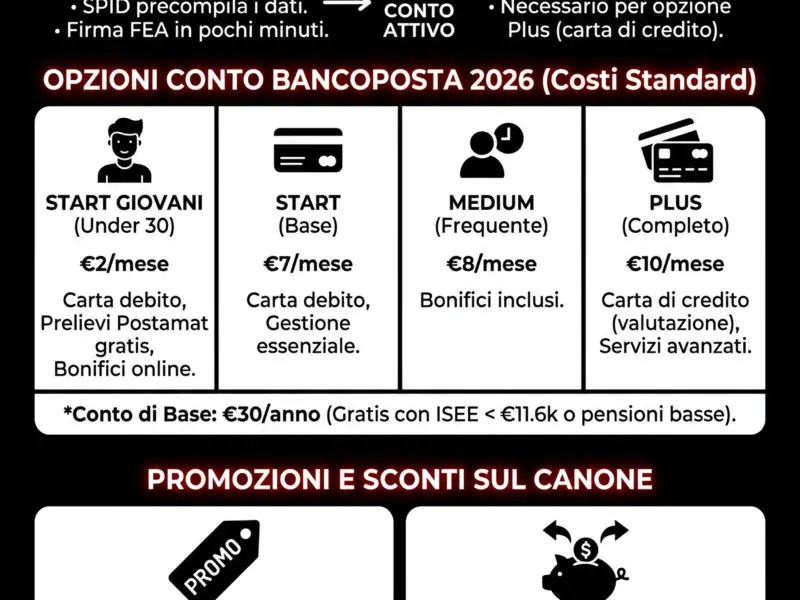 Infografica: Come aprire conto BancoPosta 2026: costi, SPID e ufficio postale