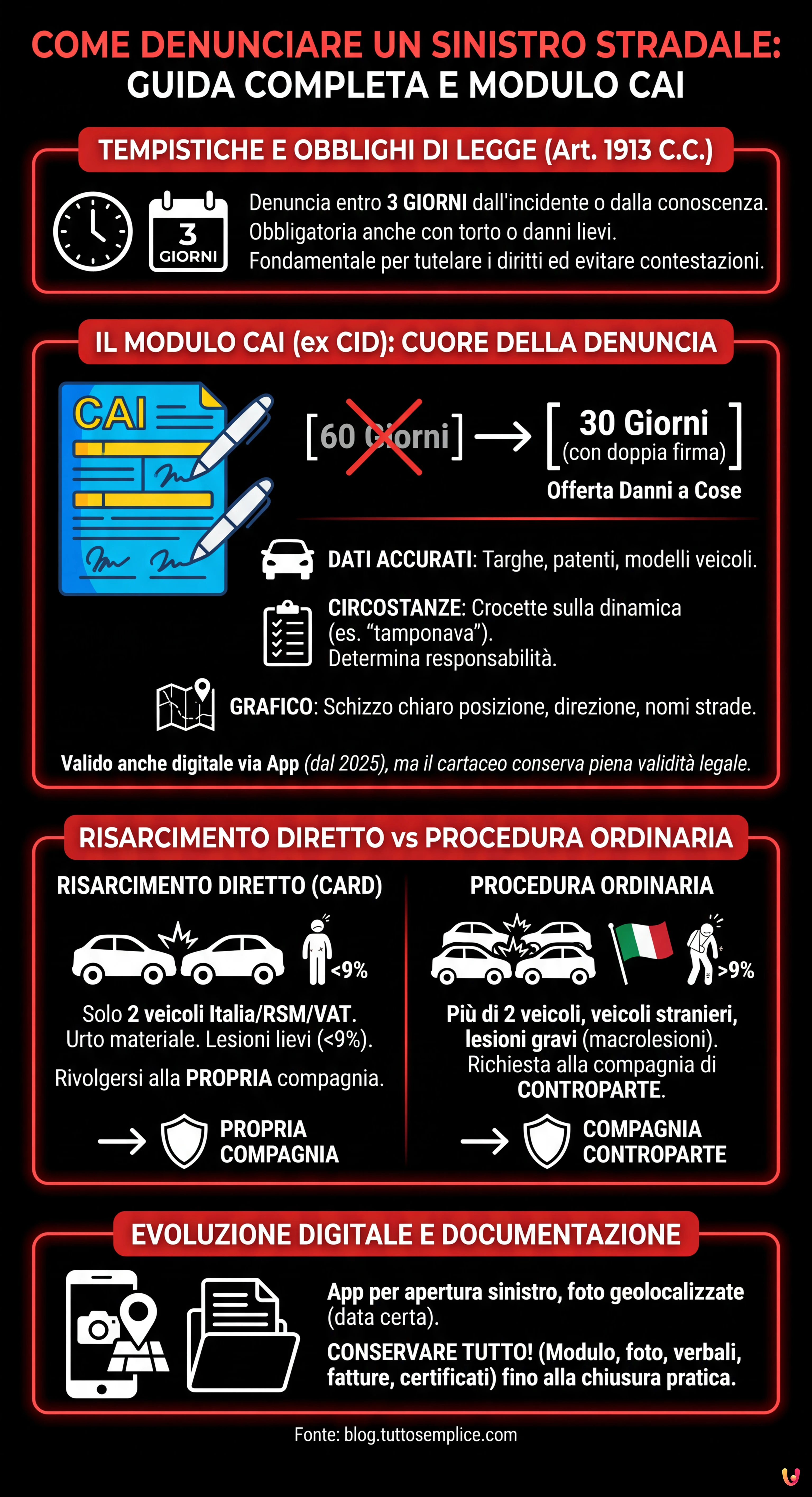 Come denunciare un sinistro stradale: guida completa e modulo CAI - Infografica riassuntiva