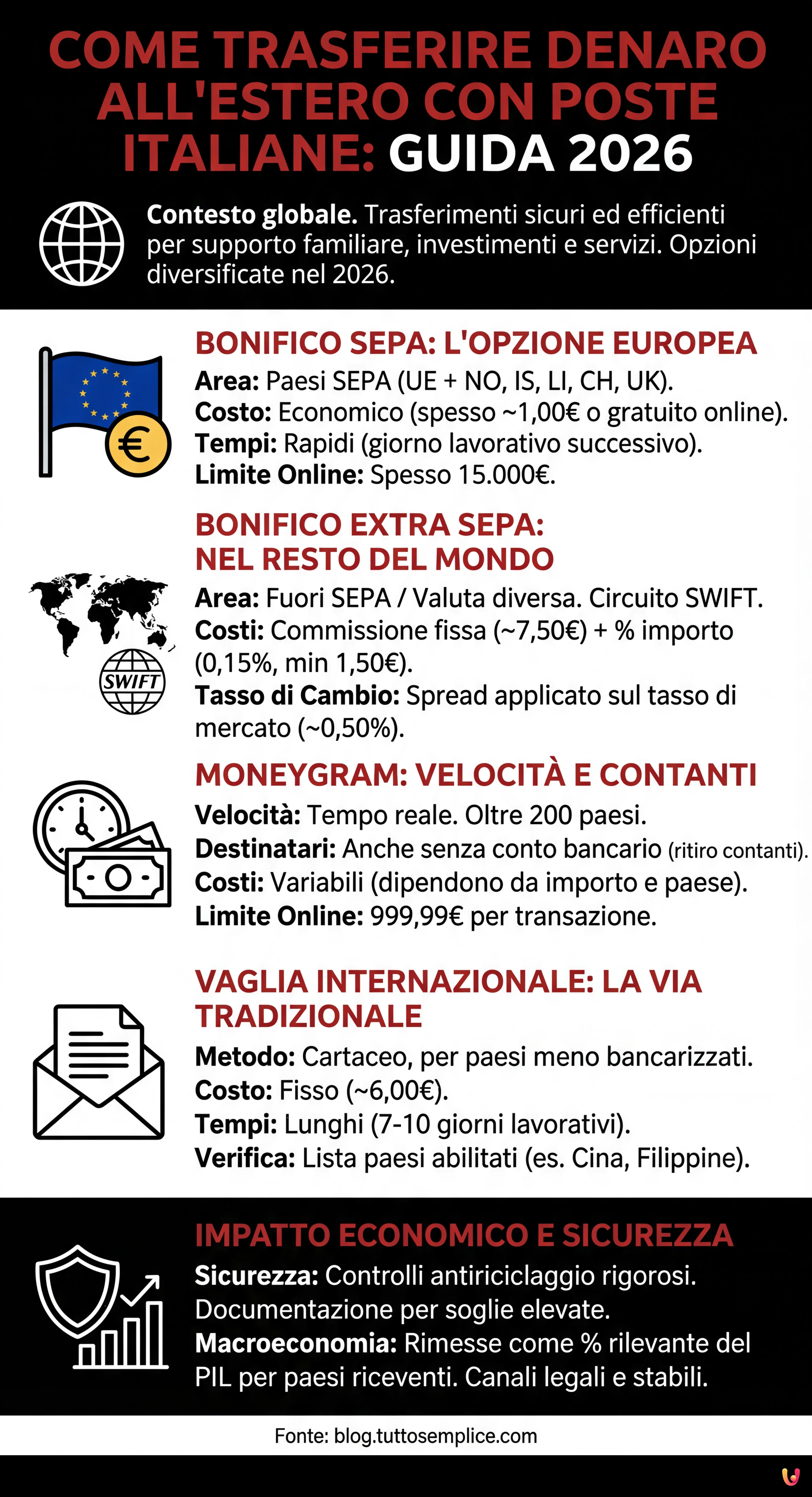 Come trasferire denaro all'estero con Poste Italiane: Guida 2026 - Infografica riassuntiva