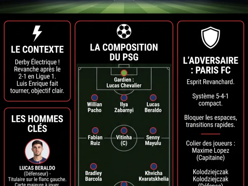 Infografica: Compo PSG - Paris FC : Beraldo et Ramos titulaires pour le Derby