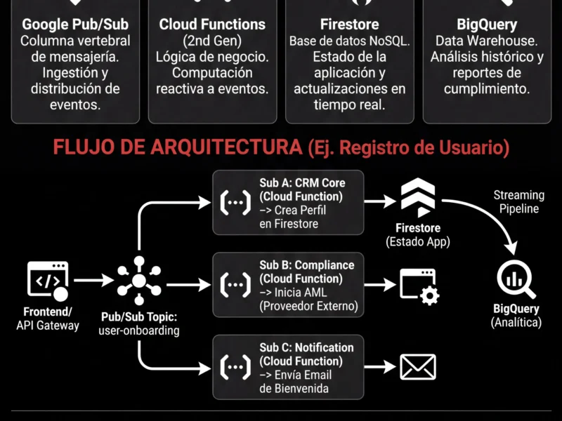 Infografica: Construir un CRM Fintech: Arquitectura Event-Driven en Google Cloud