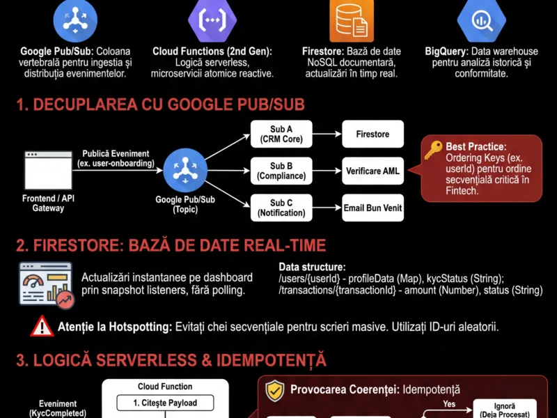 Infografica: Construirea unui CRM Fintech: Arhitectură Event-Driven pe Google Cloud