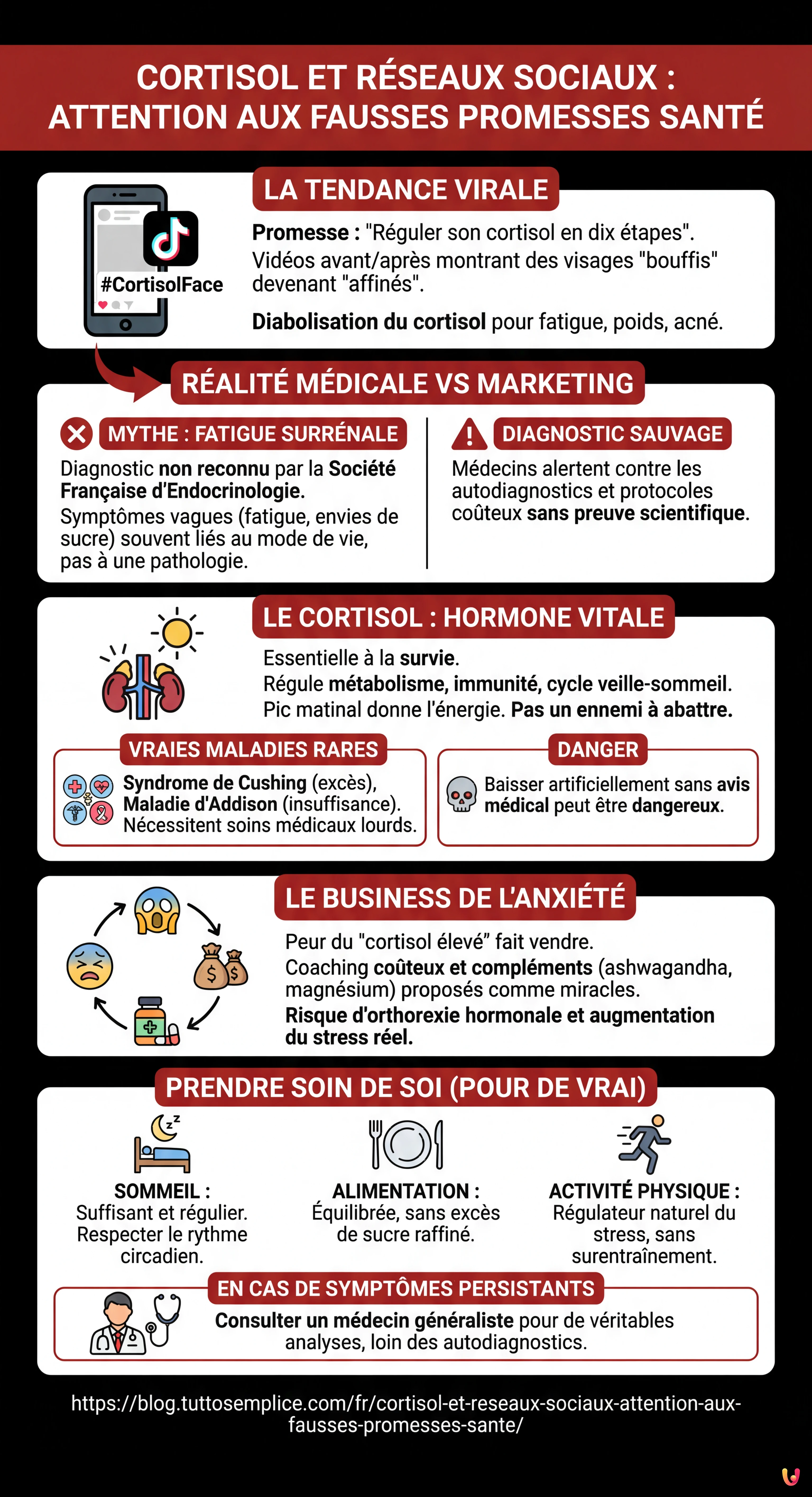 Cortisol et r&eacute;seaux sociaux : attention aux fausses promesses sant&eacute; - Infographie r&eacute;sumant