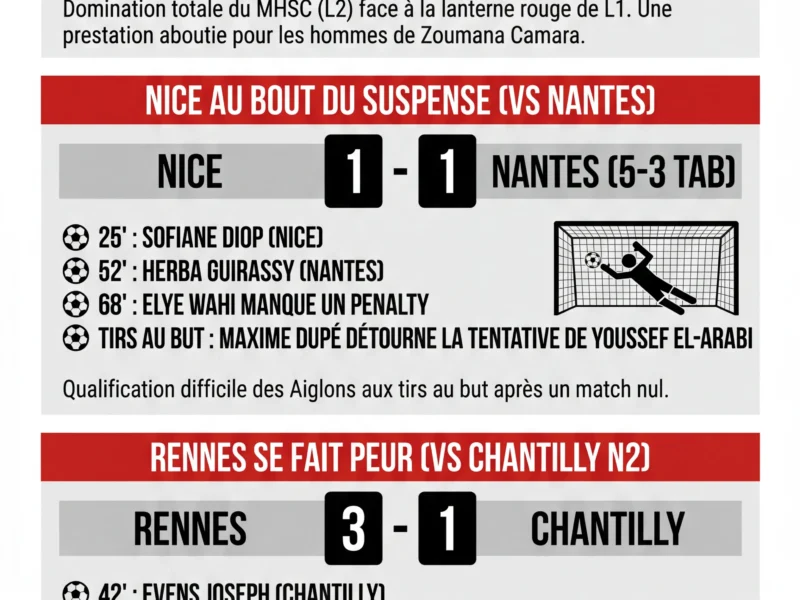 Infografica: Coupe de France : Montpellier humilie Metz (4-0), Nice et Rennes qualifi&eacute;s