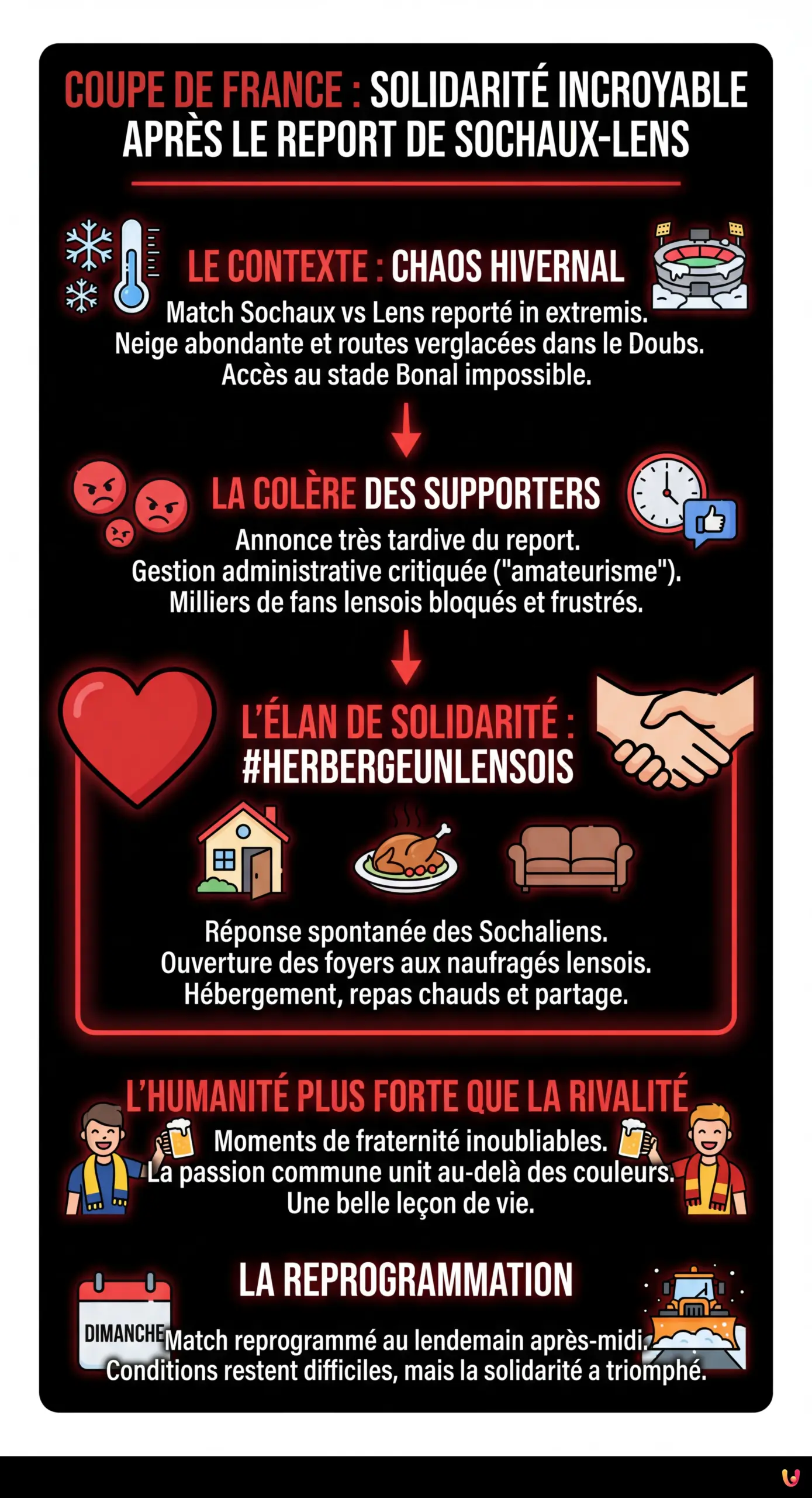 Coupe de France : Solidarit&eacute; incroyable entre supporters apr&egrave;s le report de Sochaux-Lens - Infographie r&eacute;sumant