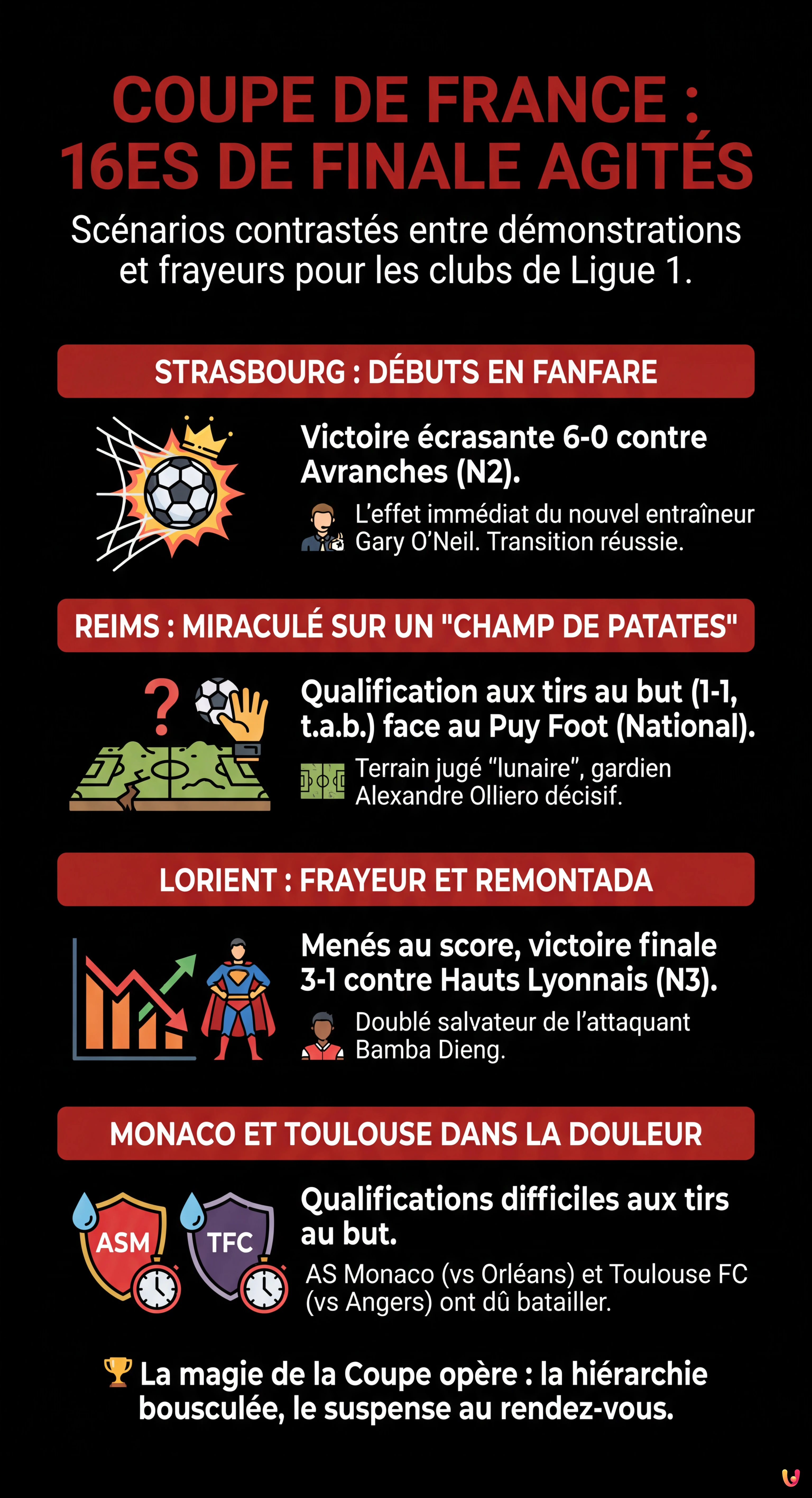 Coupe de France : Strasbourg &eacute;crase tout, Reims miracul&eacute; sur un champ de patates - Infographie r&eacute;sumant