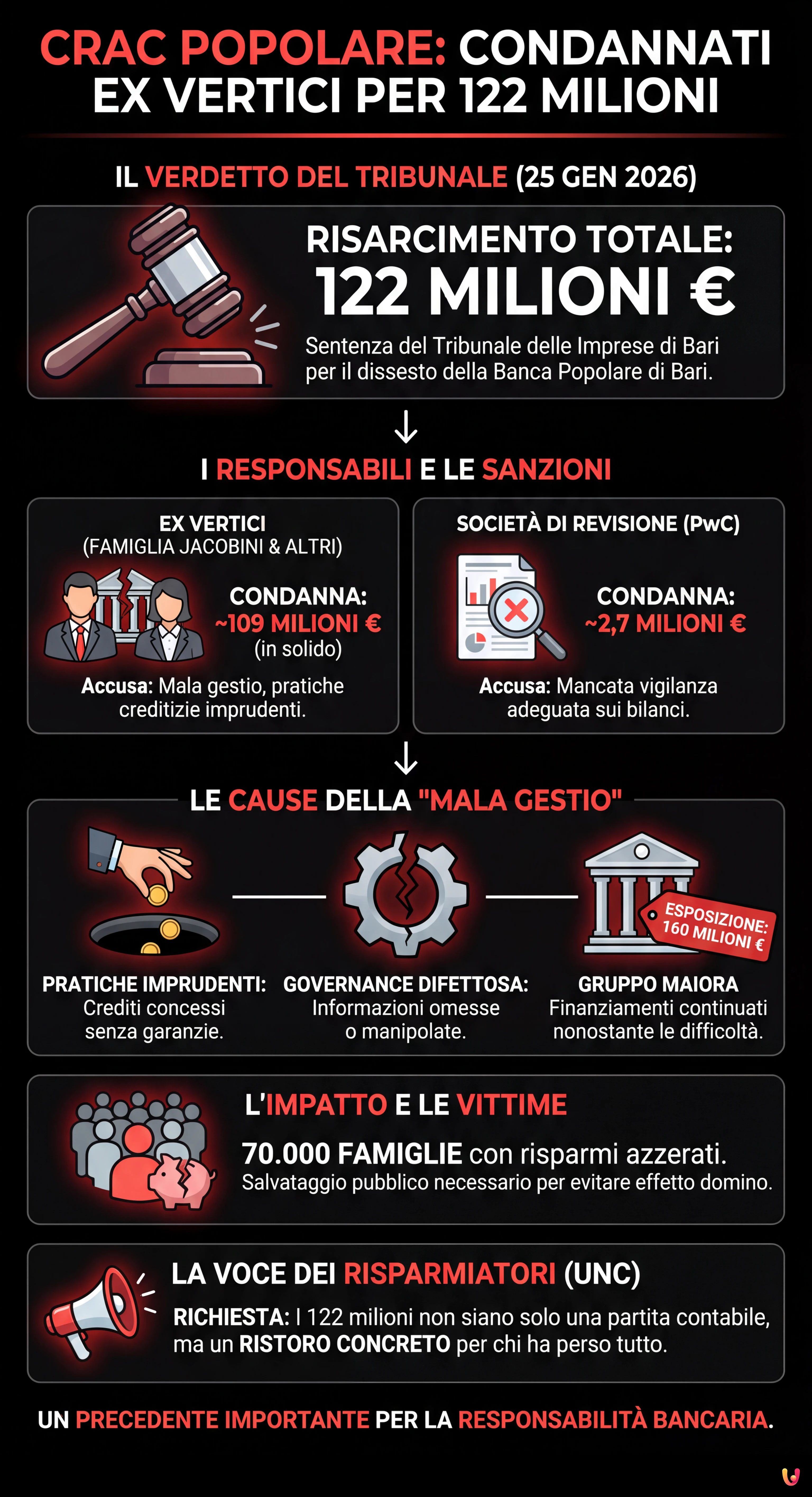 Crac Popolare Bari: ex vertici condannati a pagare 122 milioni - Infografica riassuntiva