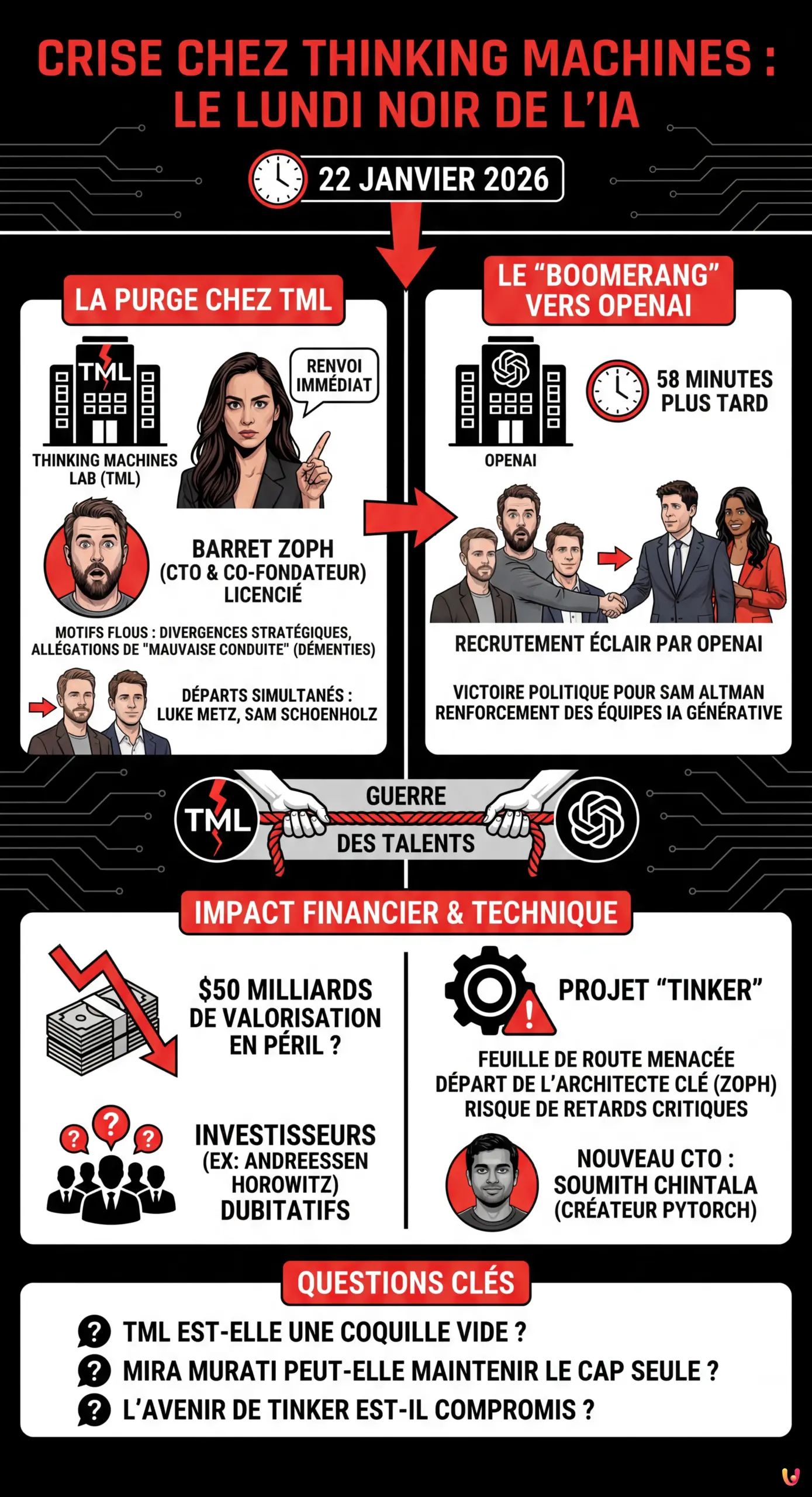 Crise chez Thinking Machines : Mira Murati licencie le CTO Barret Zoph qui retourne chez OpenAI - Infographie r&eacute;sumant