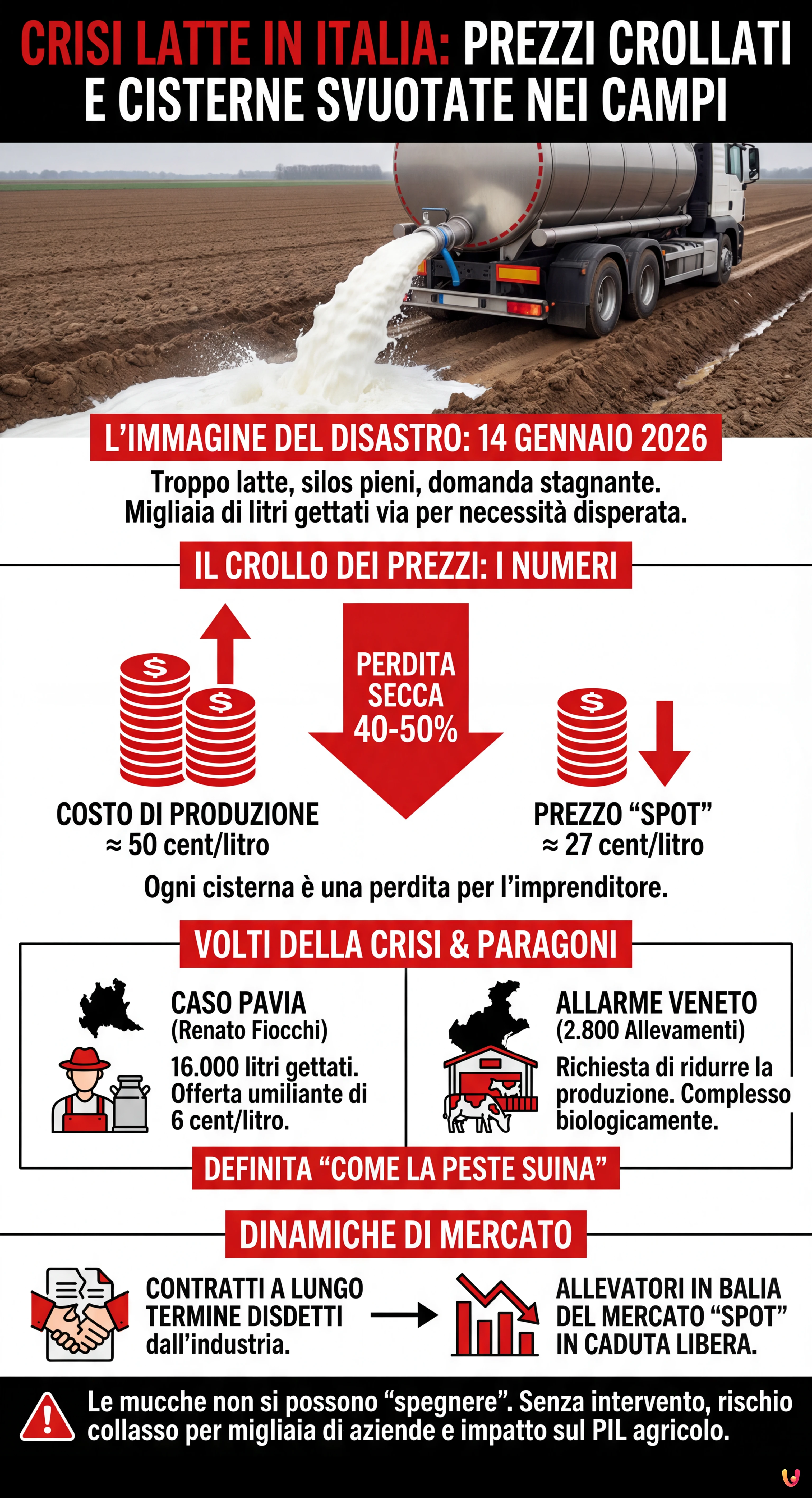 Crisi latte in Italia: prezzi crollati e cisterne svuotate nei campi - Infografica riassuntiva
