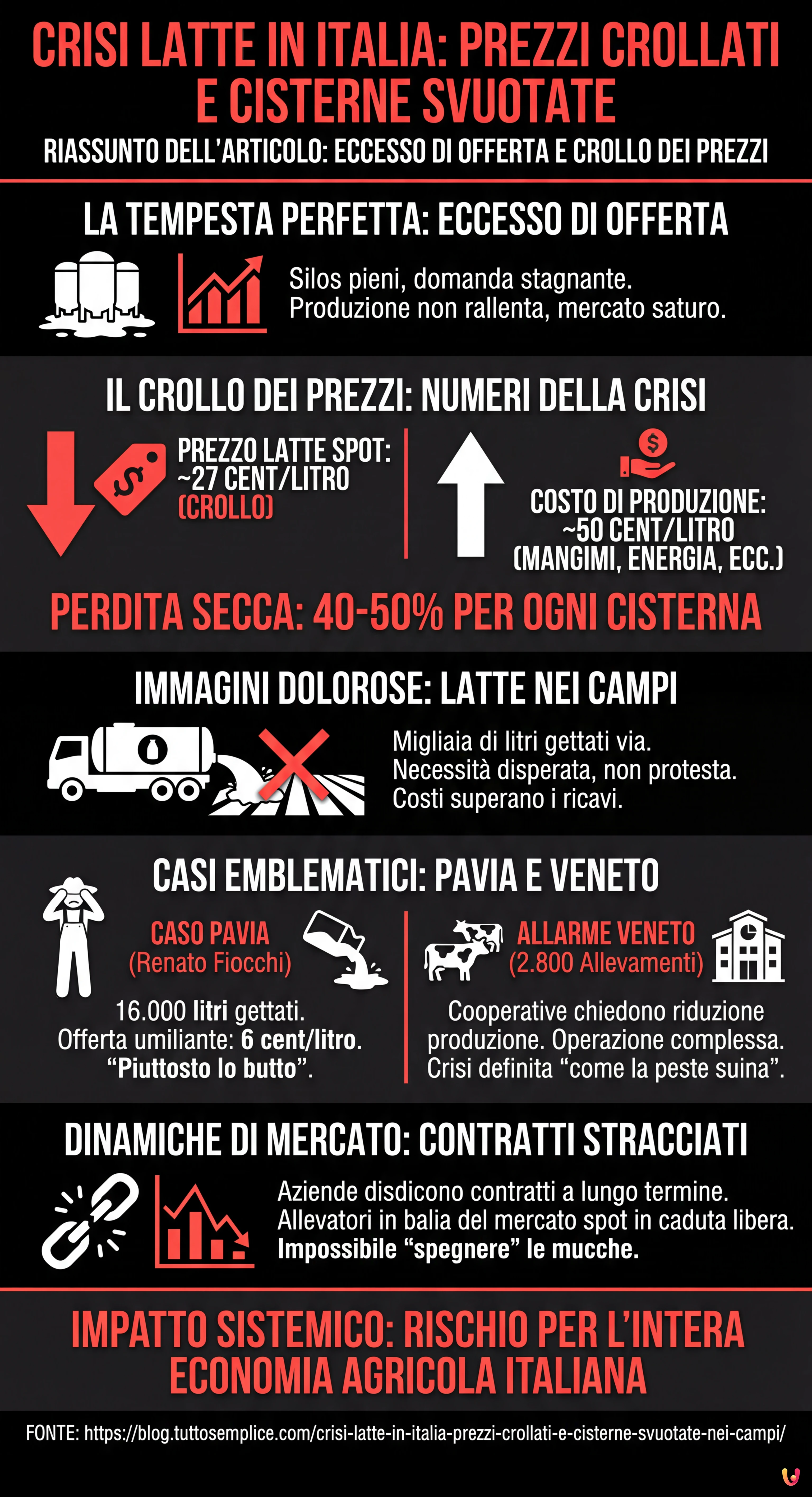 Crisi latte in Italia: prezzi crollati e cisterne svuotate nei campi - Infografica riassuntiva