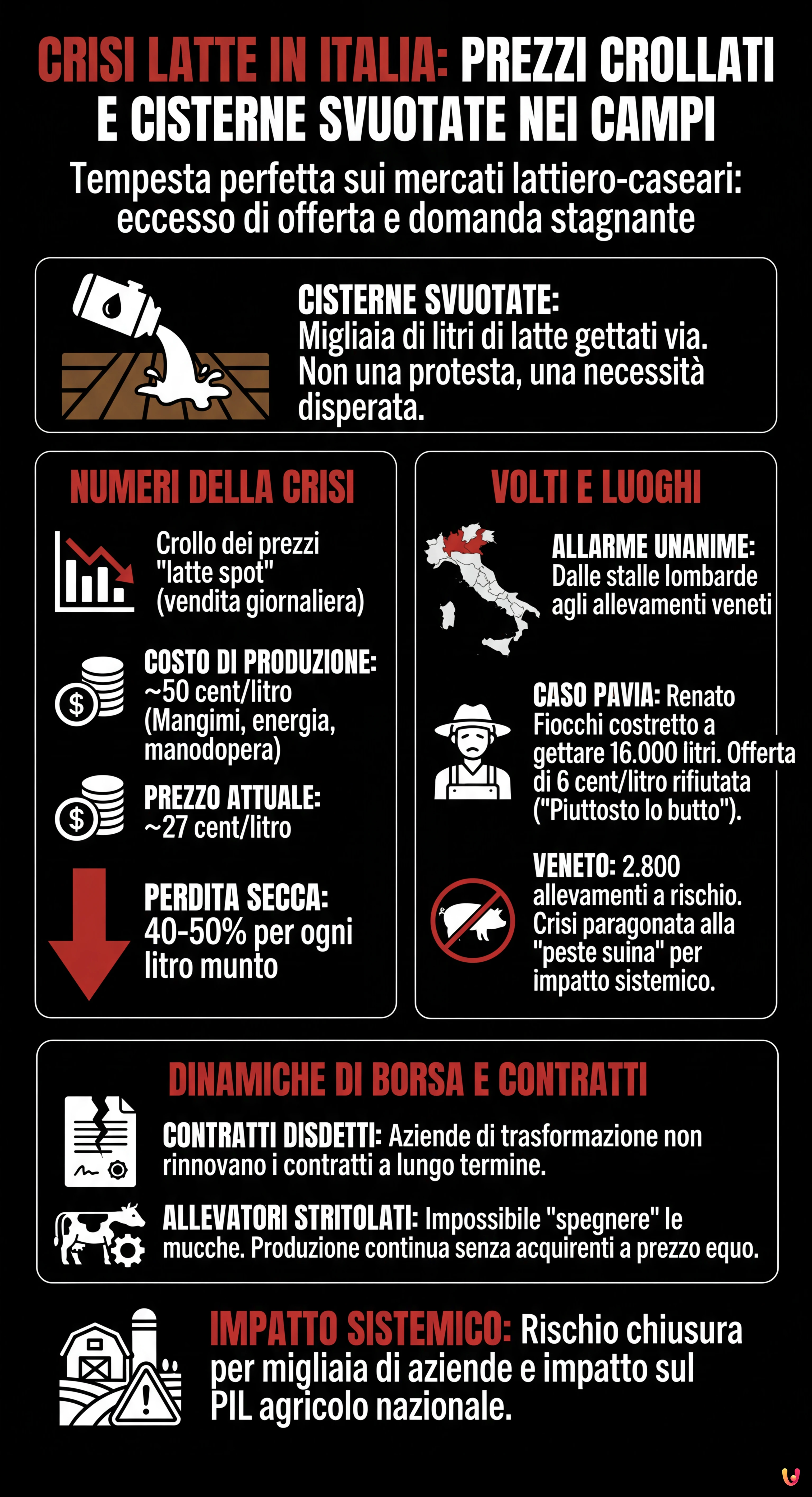 Crisi latte in Italia: prezzi crollati e cisterne svuotate nei campi - Infografica riassuntiva