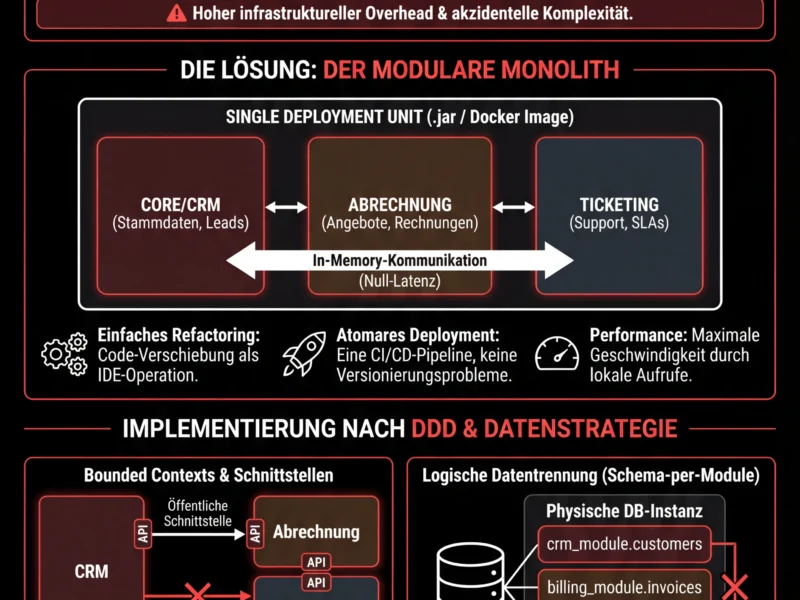 Infografica: CRM-Entwicklung: Monolith vs. Microservices und die Wahl des modularen Monolithen