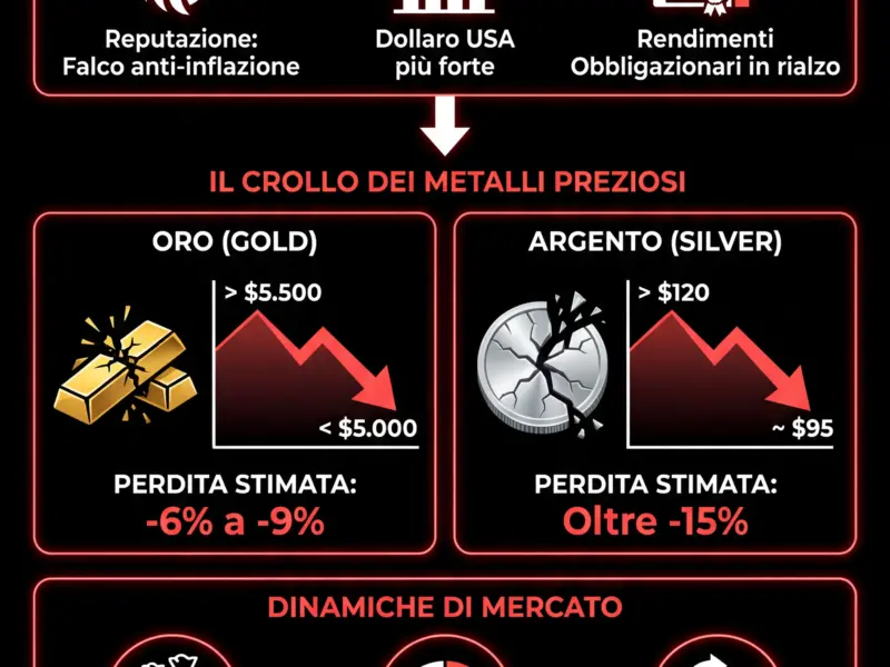 Infografica: Crollo Oro e Argento: l'effetto Warsh scuote i mercati