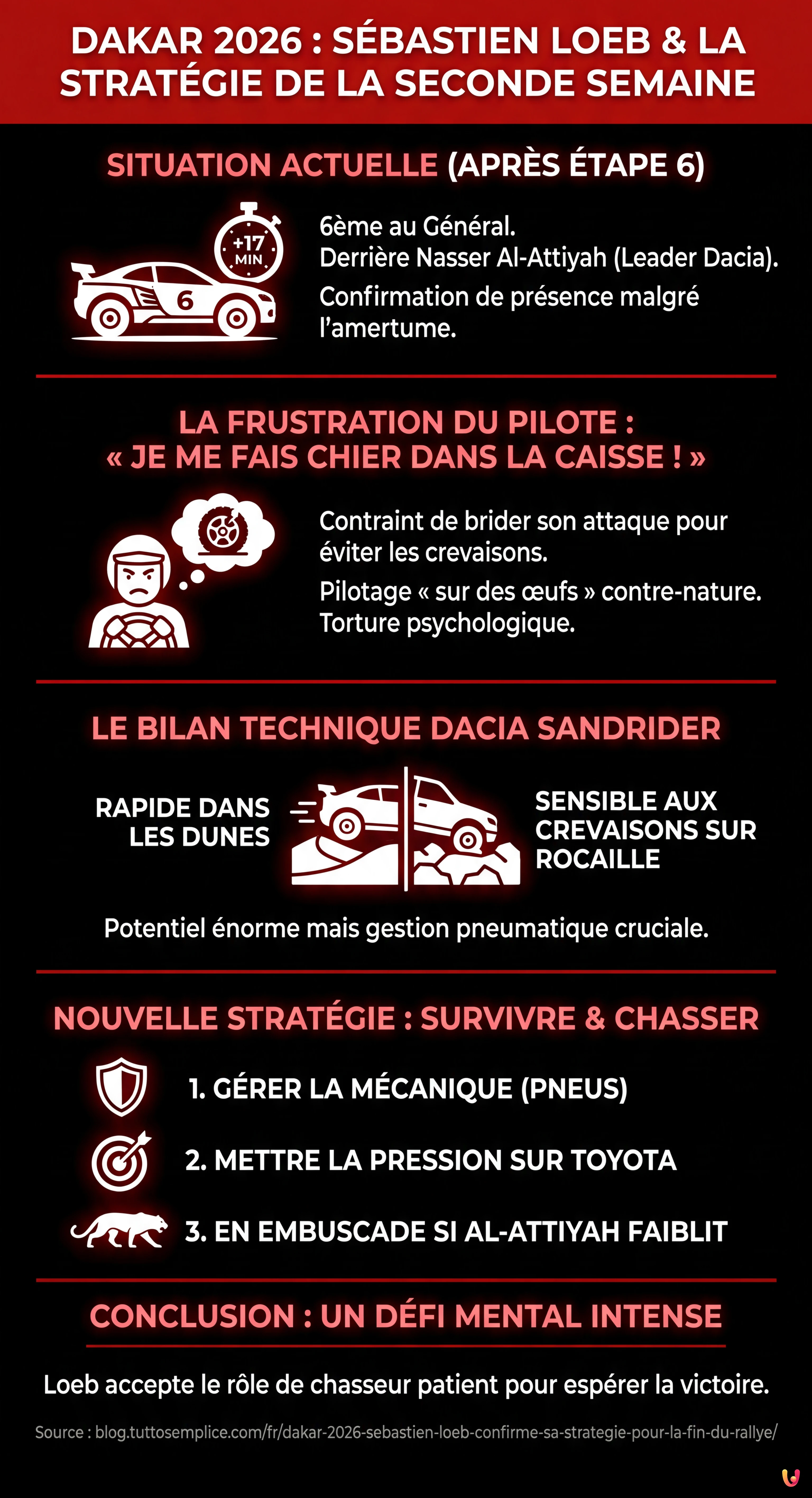 Dakar 2026 : S&eacute;bastien Loeb confirme sa strat&eacute;gie pour la fin du rallye - Infographie r&eacute;sumant