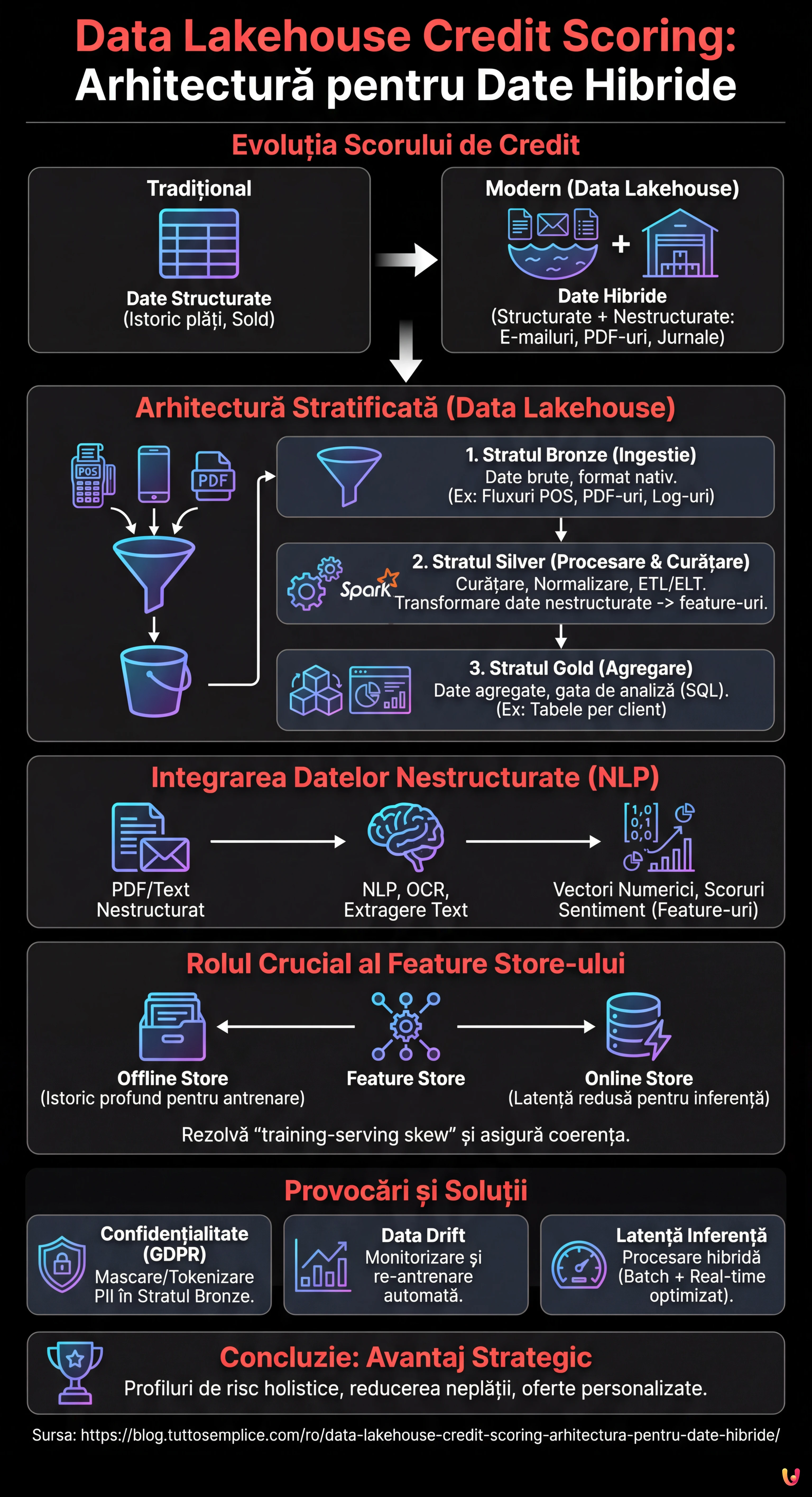 Data Lakehouse Credit Scoring: Arhitectură pentru Date Hibride - Infografic rezumativ