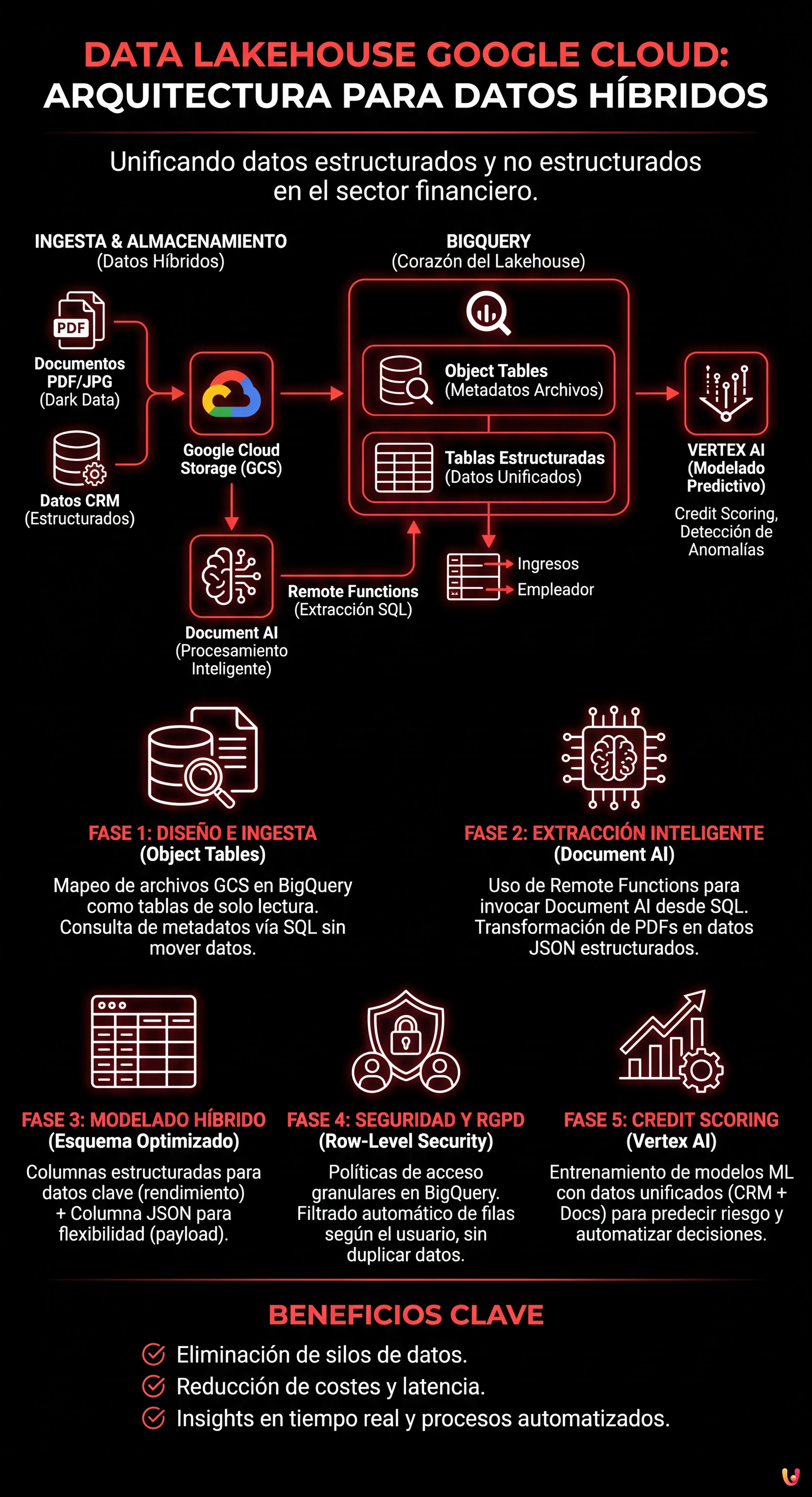 Data Lakehouse Google Cloud: Arquitectura para Datos H&iacute;bridos - Infograf&iacute;a resumen