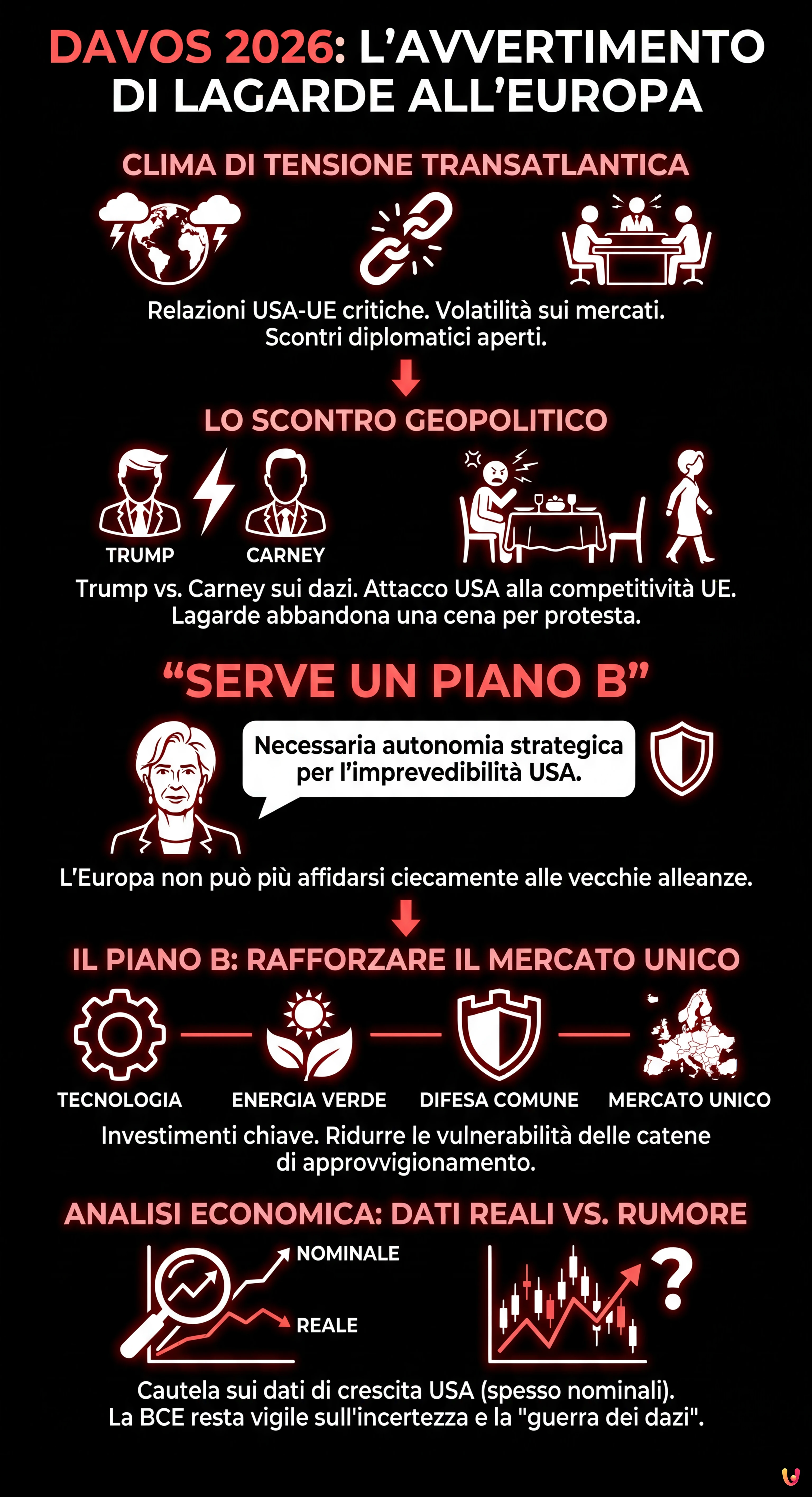 Davos 2026, Lagarde avverte: &laquo;Serve un piano B per l'economia europea&raquo; - Infografica riassuntiva