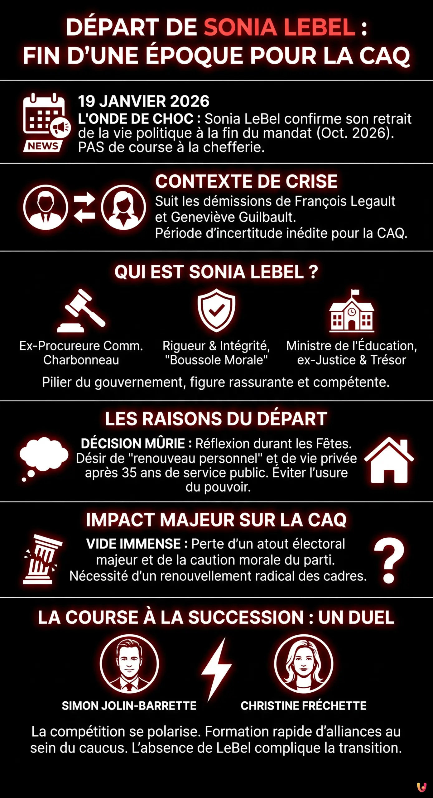 D&eacute;part de Sonia LeBel : la fin d'une &eacute;poque pour la CAQ et le gouvernement - Infographie r&eacute;sumant