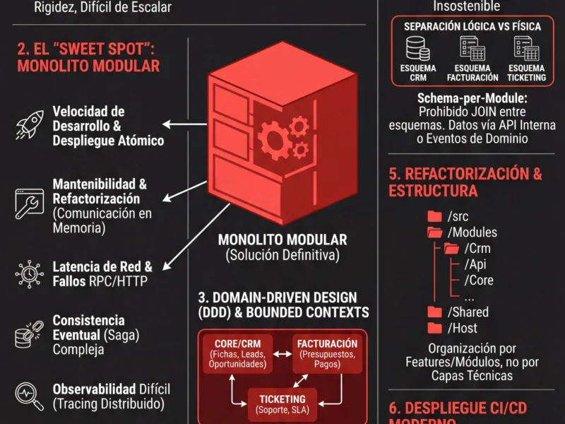 Infografica: Desarrollo CRM: Monolito vs Microservicios y la Elecci&oacute;n del Monolito Modular
