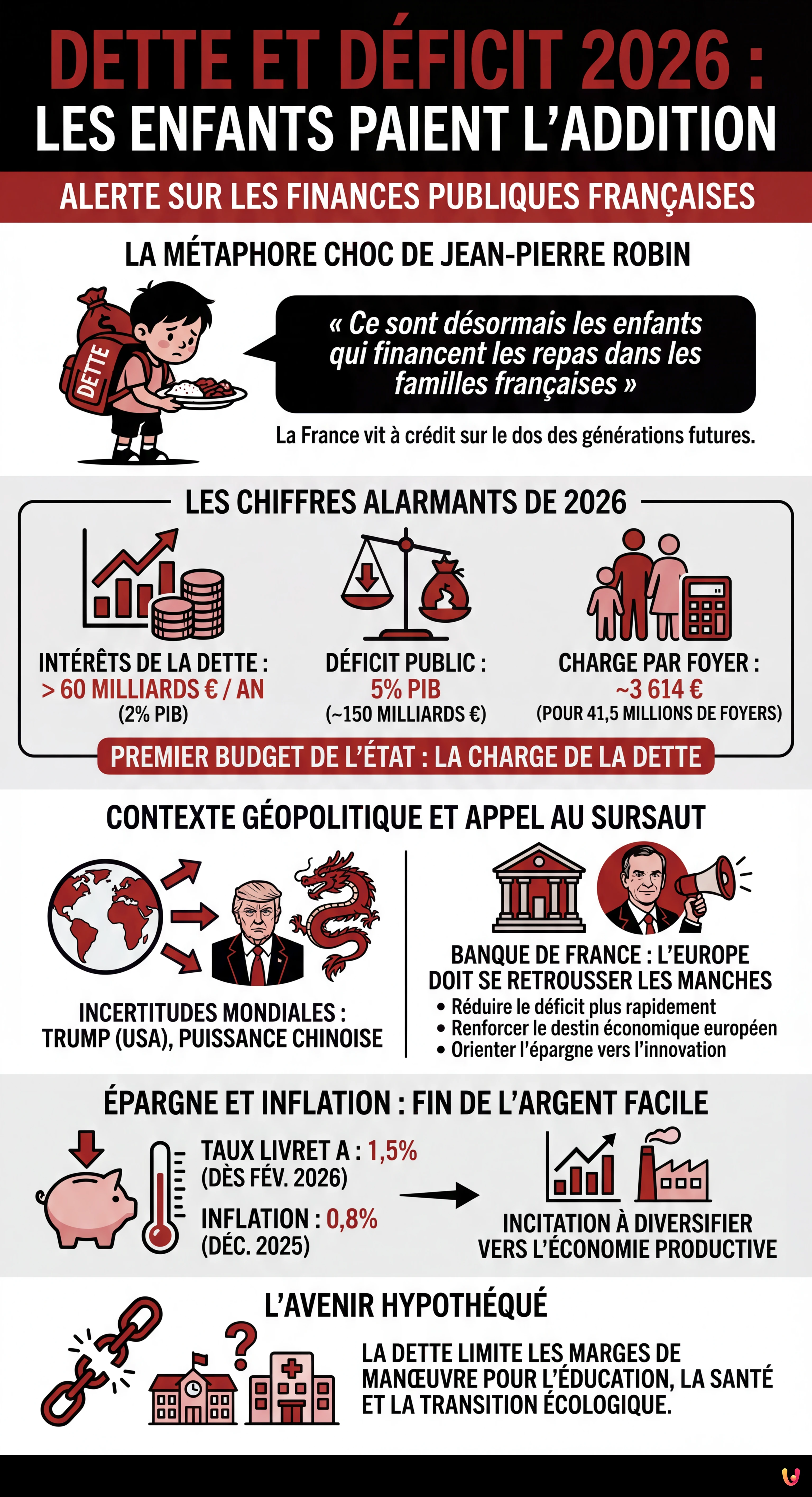Dette et D&eacute;ficit 2026 : Les Enfants Paient l'Addition selon Jean-Pierre Robin - Infographie r&eacute;sumant