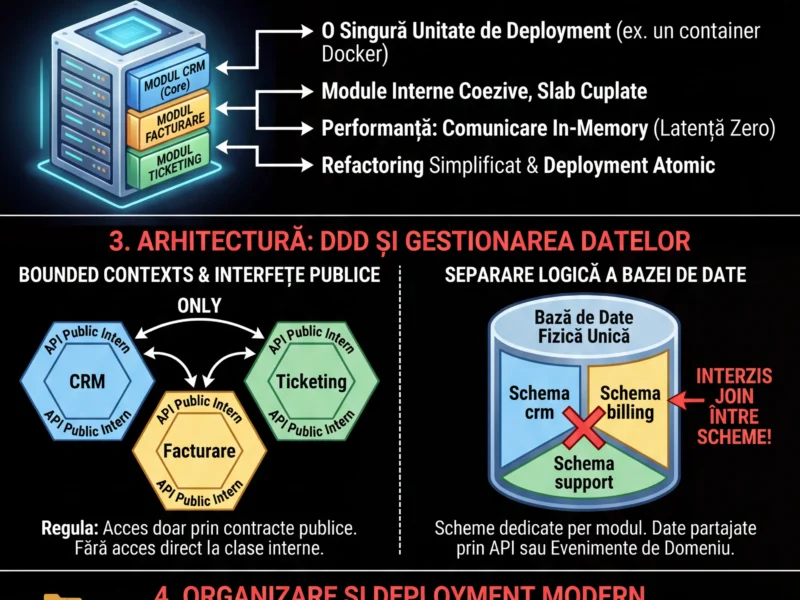 Infografica: Dezvoltare CRM: Monolit vs Microservicii și Alegerea Monolitului Modular