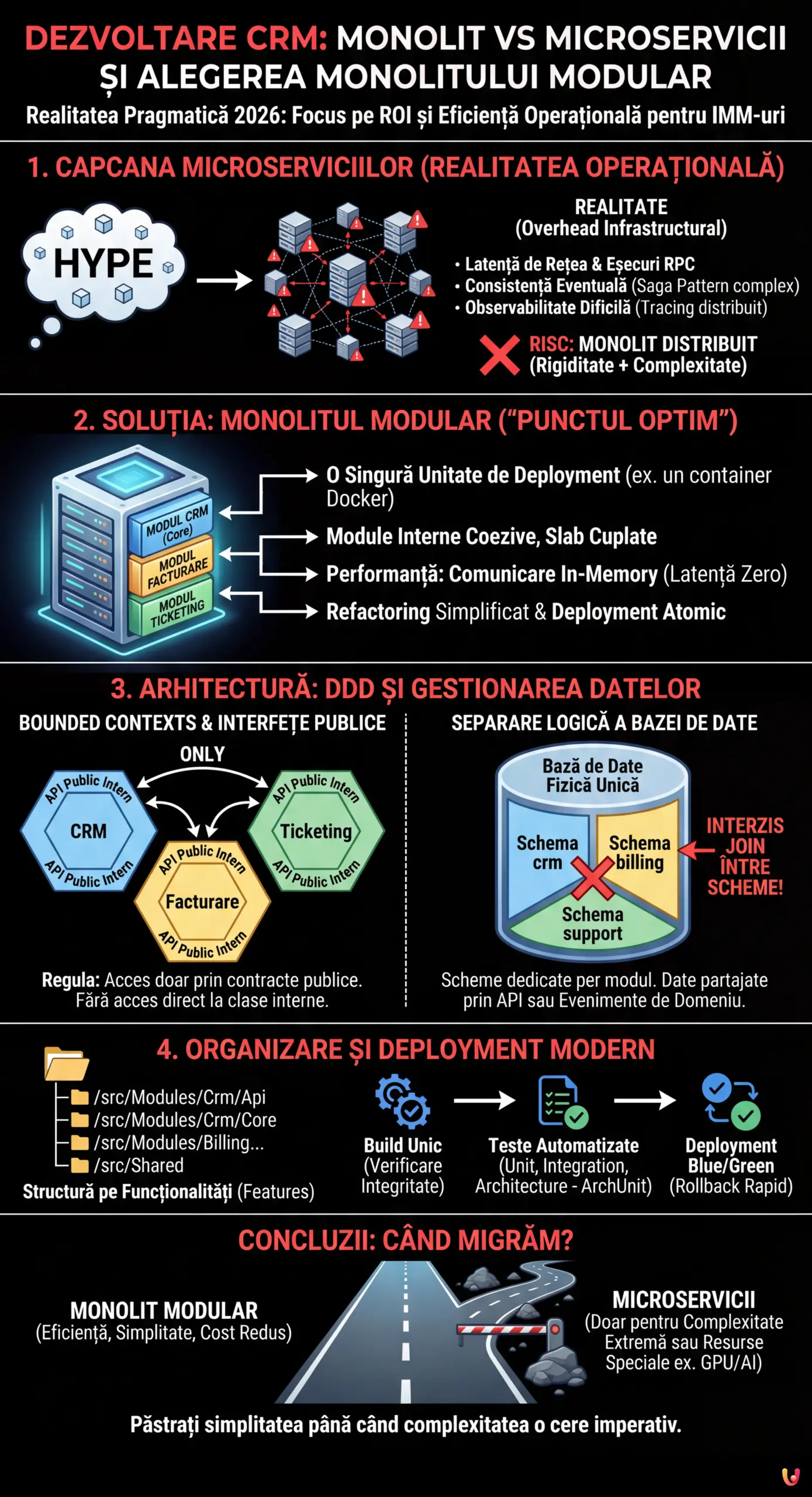 Dezvoltare CRM: Monolit vs Microservicii și Alegerea Monolitului Modular - Infografic rezumativ