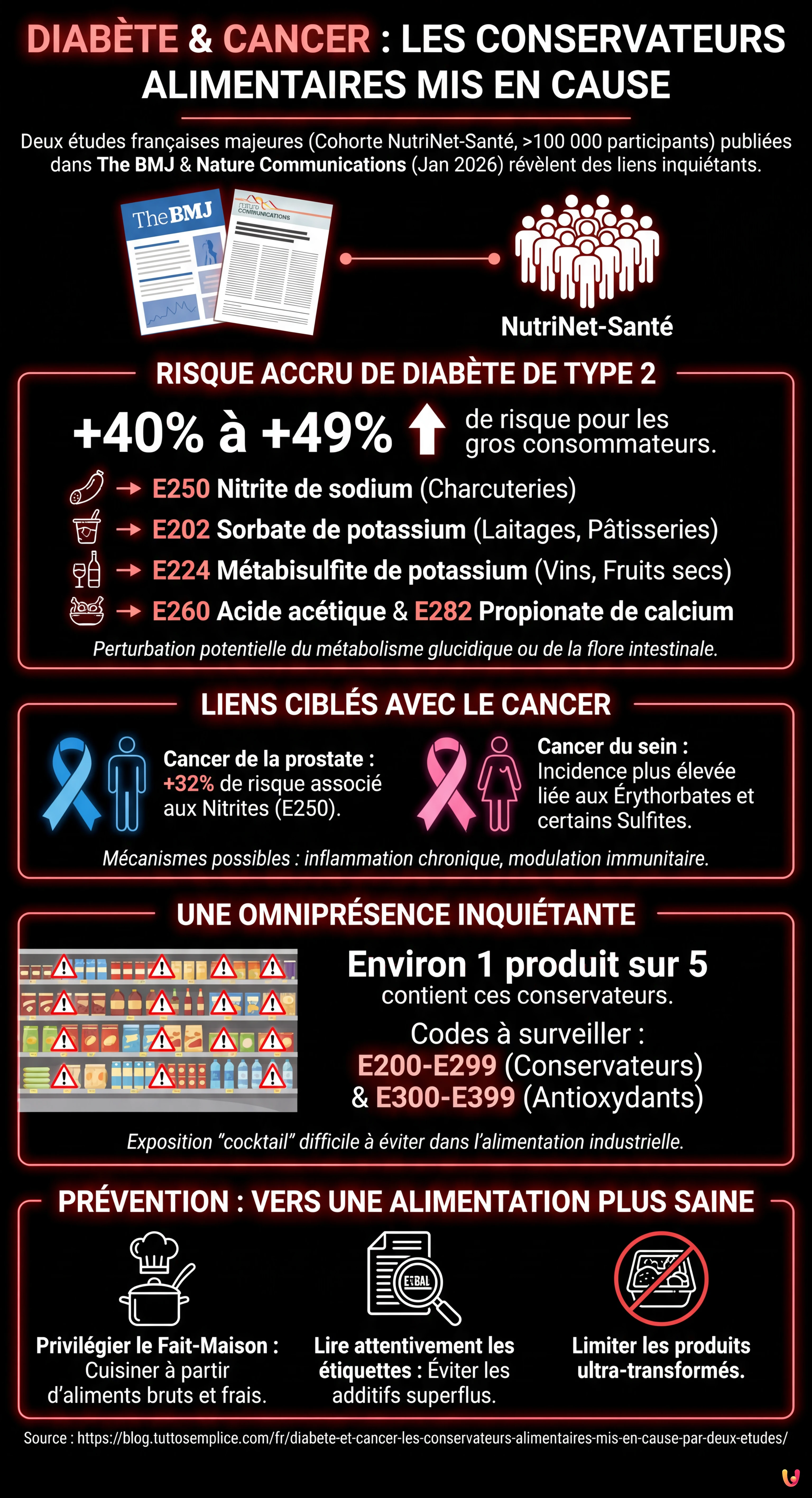 Diab&egrave;te et cancer : les conservateurs alimentaires mis en cause par deux &eacute;tudes - Infographie r&eacute;sumant