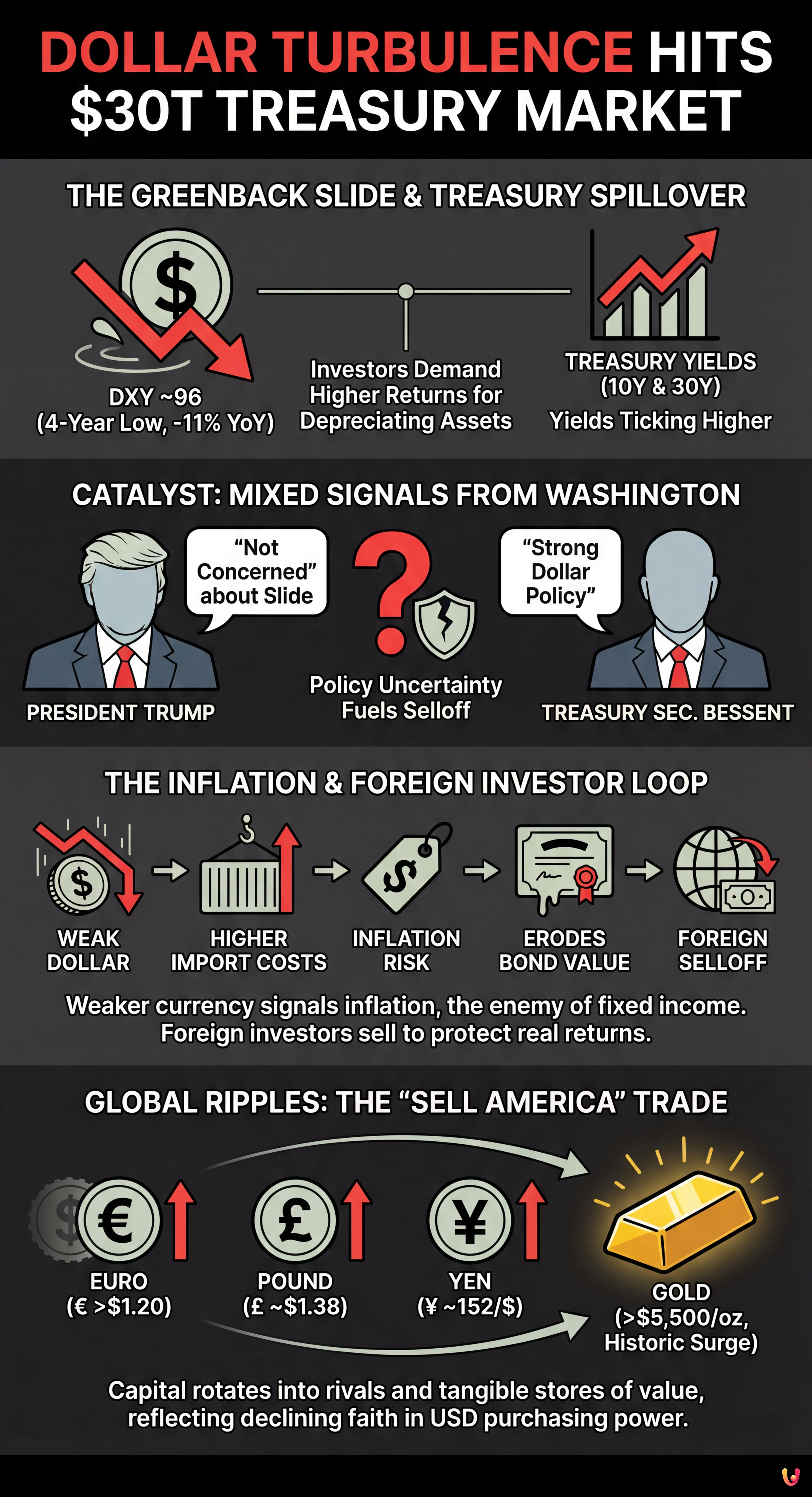 Dollar Turbulence Hits $30 Trillion Treasury Market as Greenback Slides - Summary Infographic