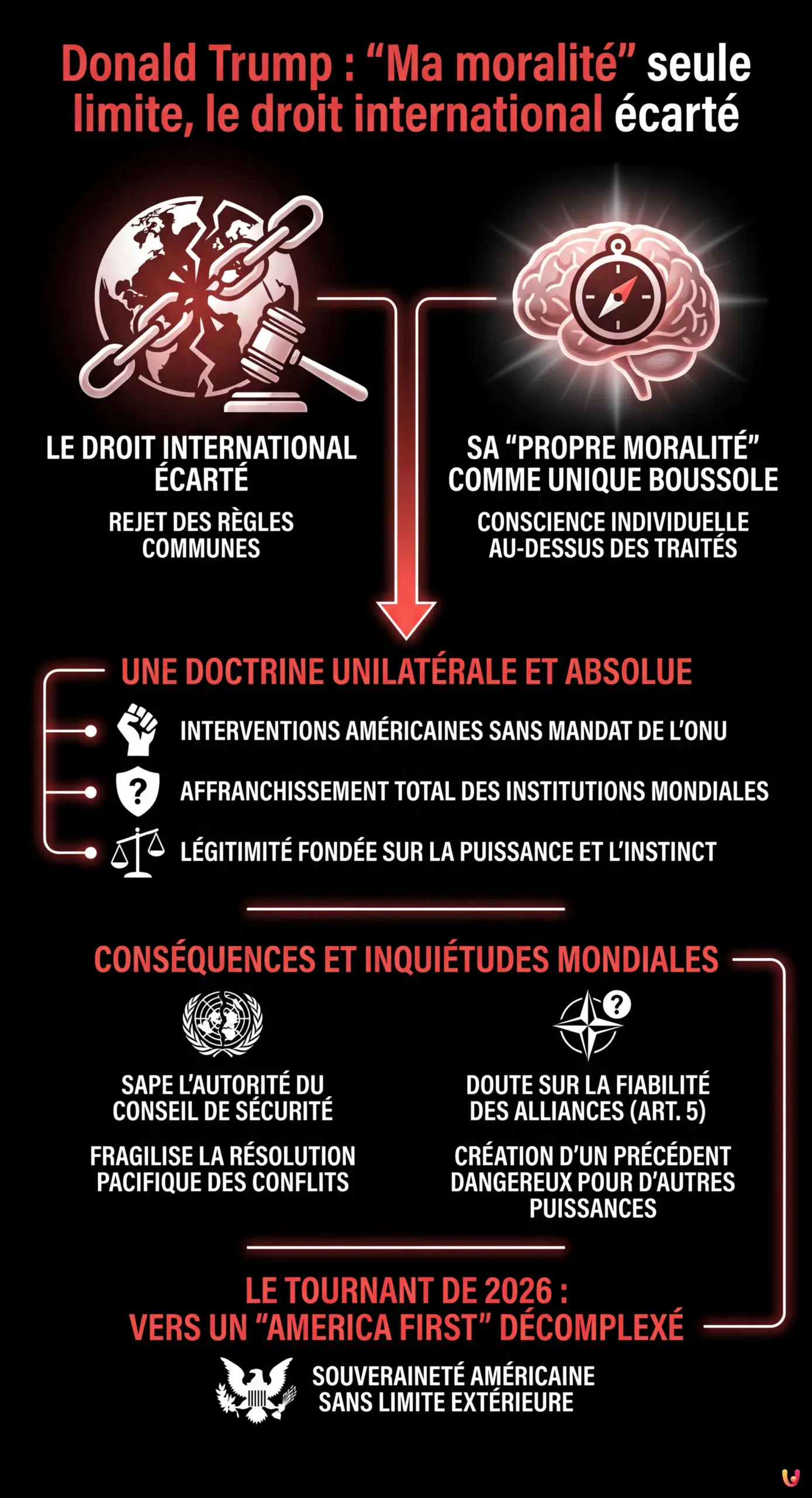 Donald Trump : "Ma moralit&eacute;" seule limite, le droit international &eacute;cart&eacute; - Infografica riassuntiva