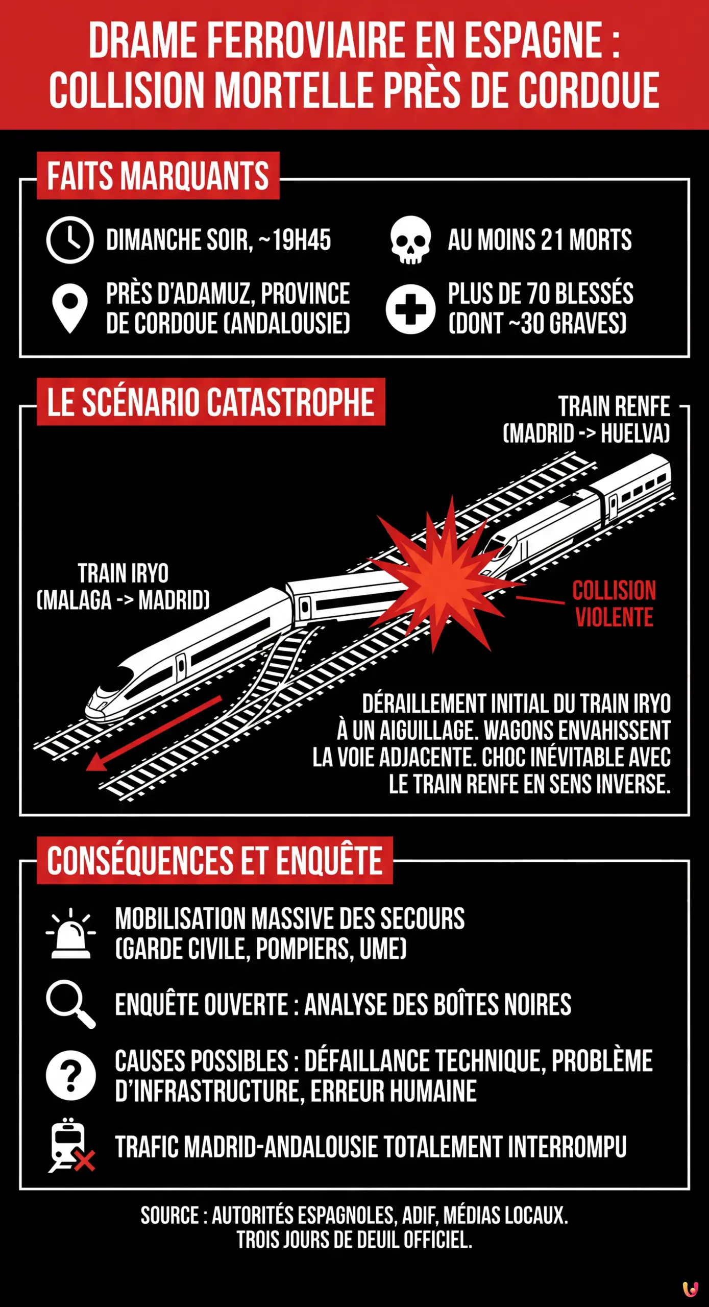 Drame ferroviaire en Espagne : au moins 21 morts dans une collision pr&egrave;s de Cordoue - Infographie r&eacute;sumant