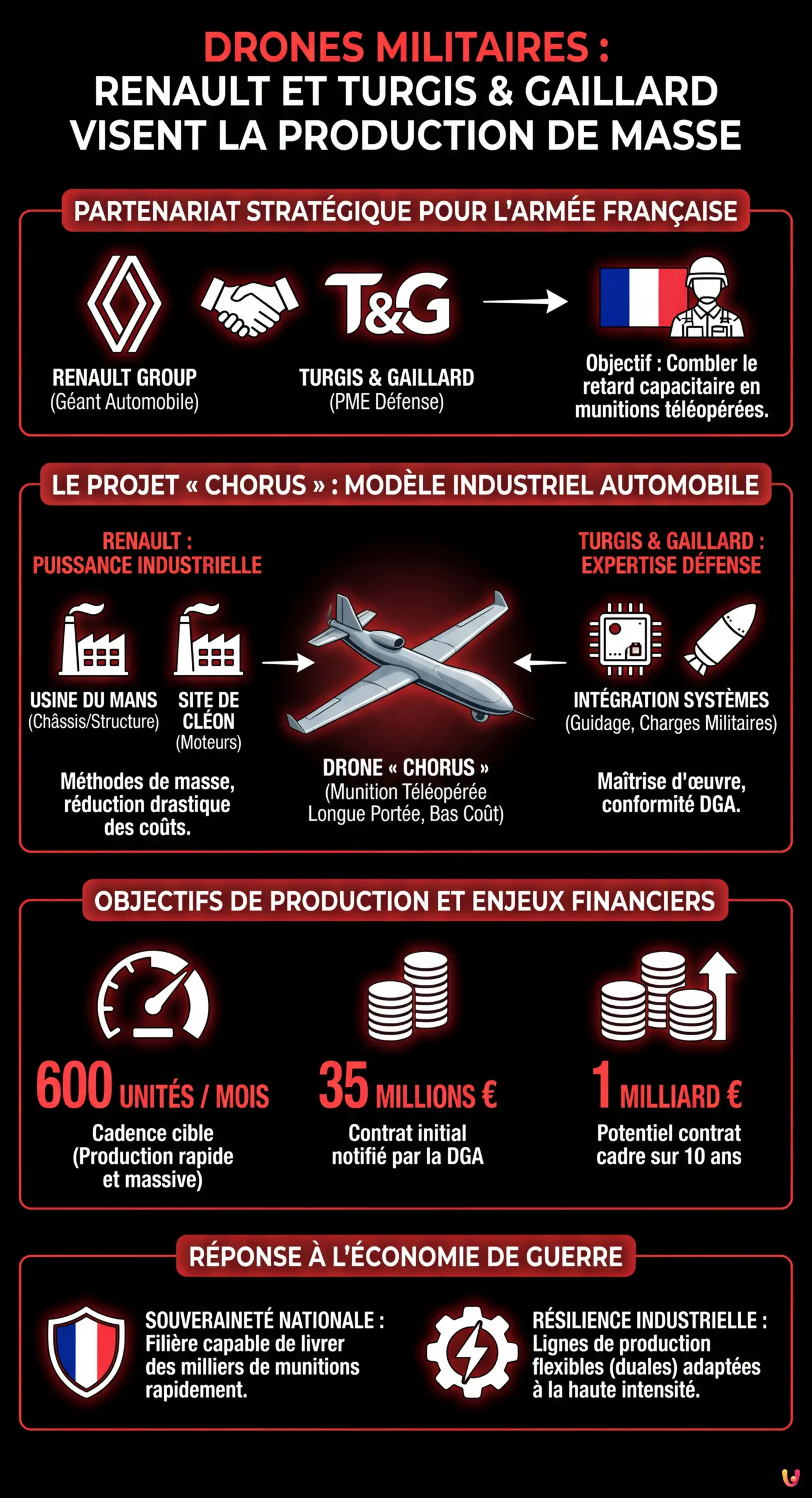 Drones militaires : Renault et Turgis & Gaillard visent la production de masse - Infographie r&eacute;sumant