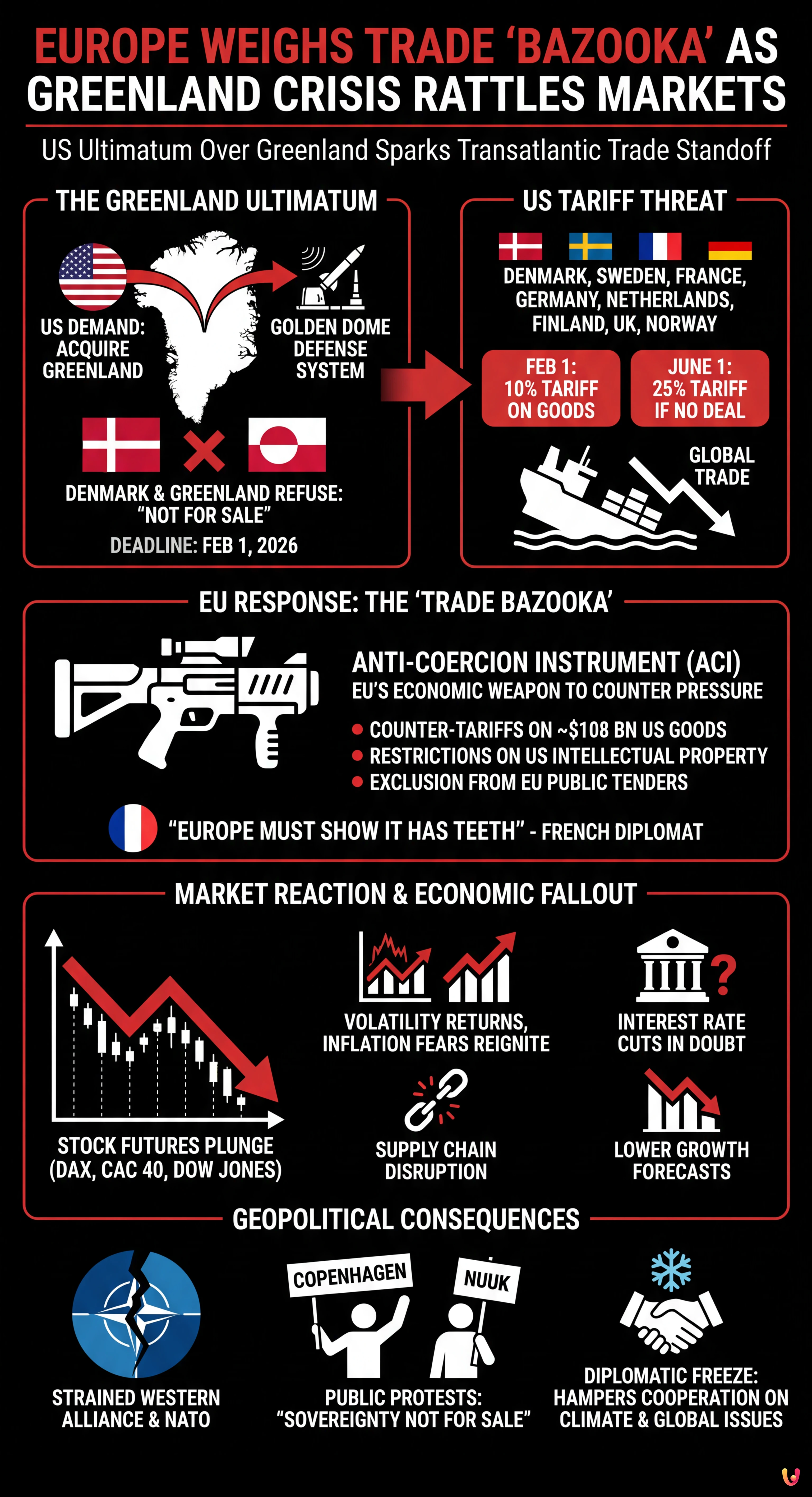Europe Weighs Trade 'Bazooka' as Greenland Crisis Rattles Markets - Summary Infographic