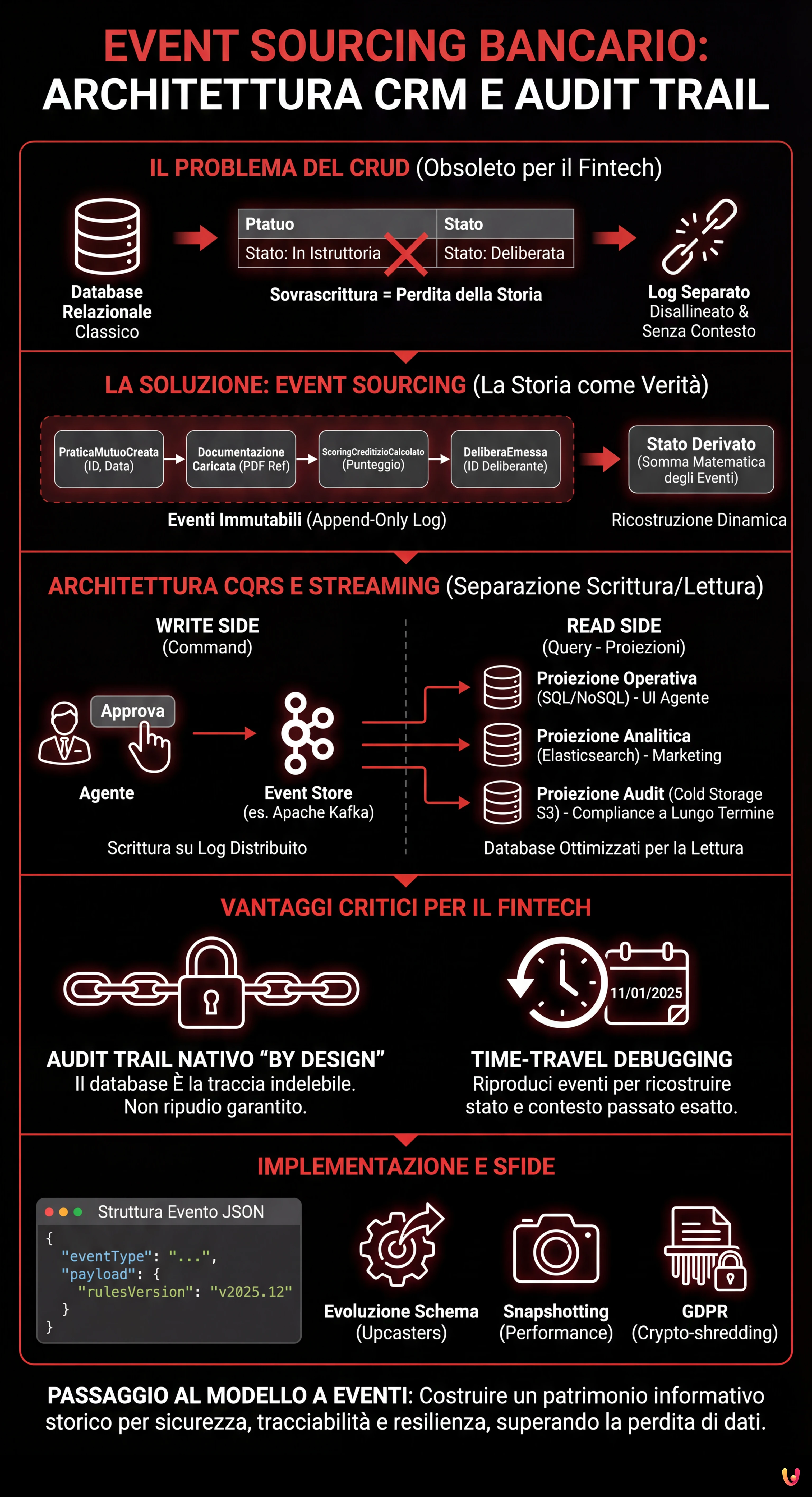 Event Sourcing Bancario: Architettura CRM e Audit Trail - Infografica riassuntiva