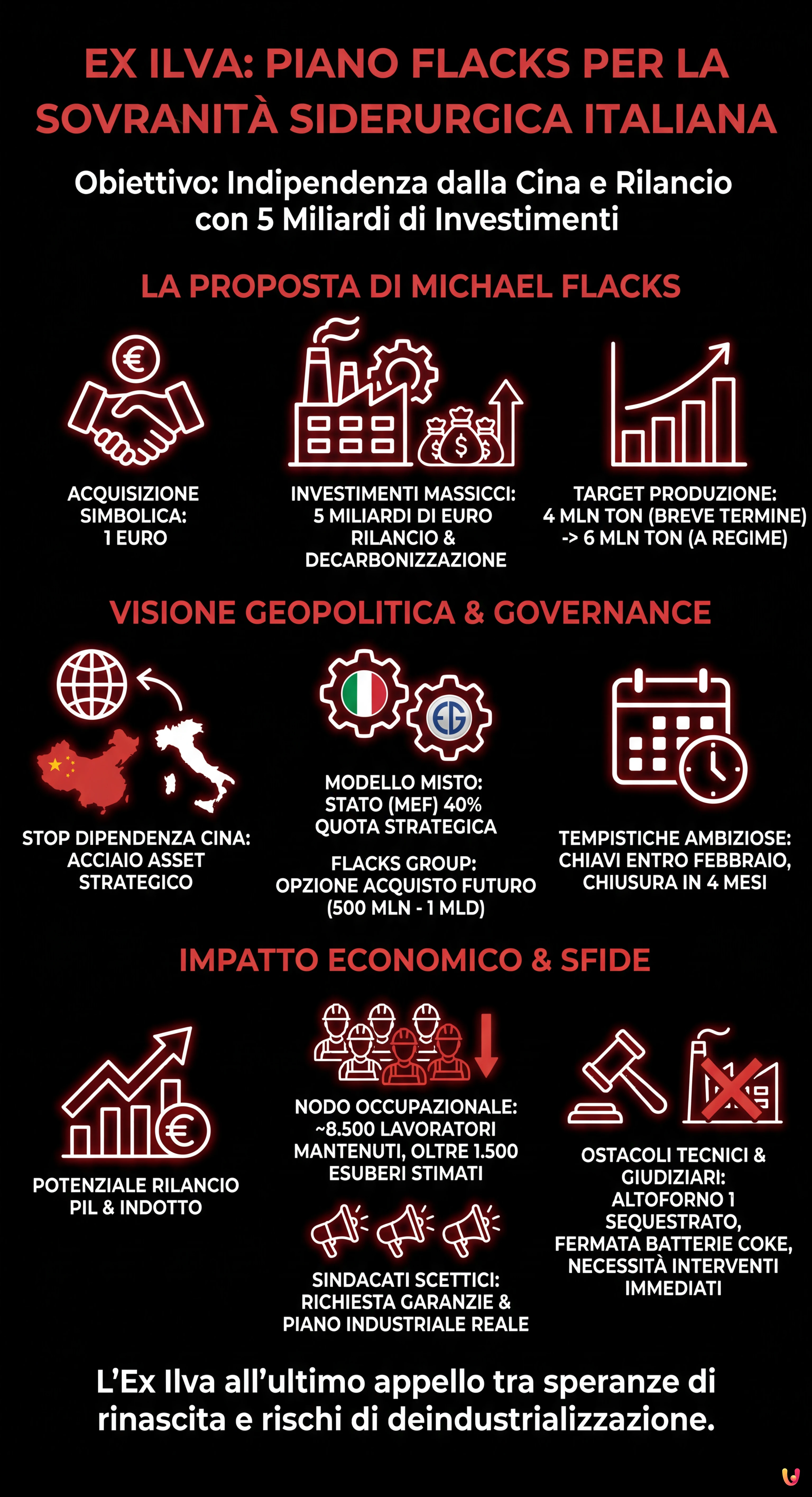 Ex Ilva, piano Flacks: &laquo;Italia non dipenda dalla Cina&raquo;. Investimenti per 5 mld - Infografica riassuntiva