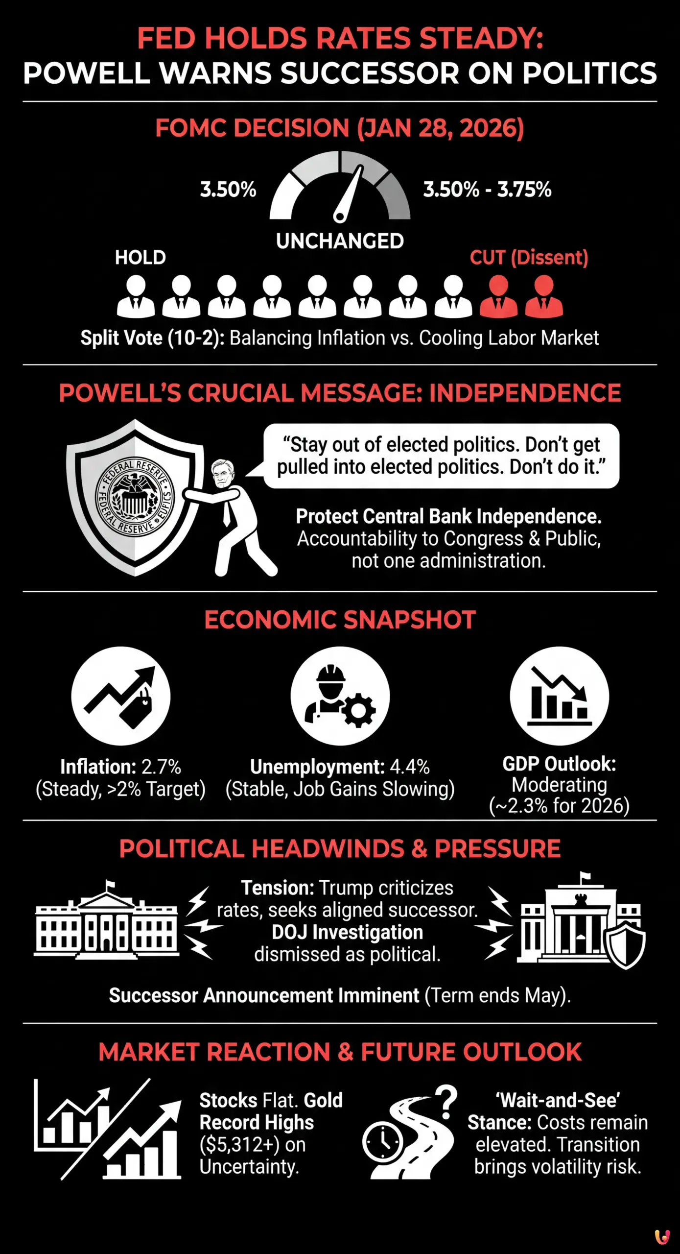 Fed Holds Rates Steady as Powell Warns Successor on Politics - Summary Infographic