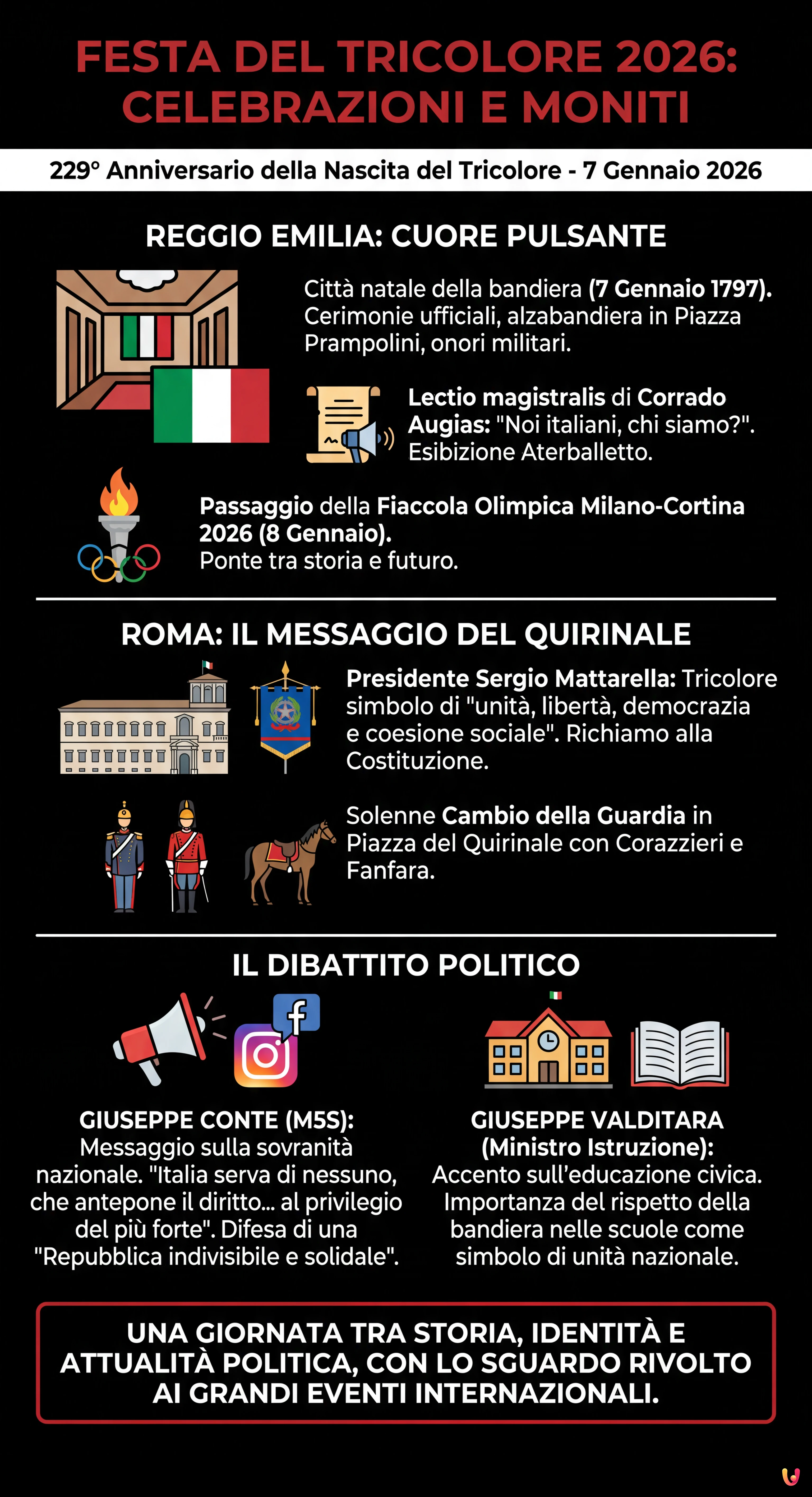 Festa del Tricolore 2026: celebrazioni a Reggio Emilia e il monito di Conte - Infografica riassuntiva