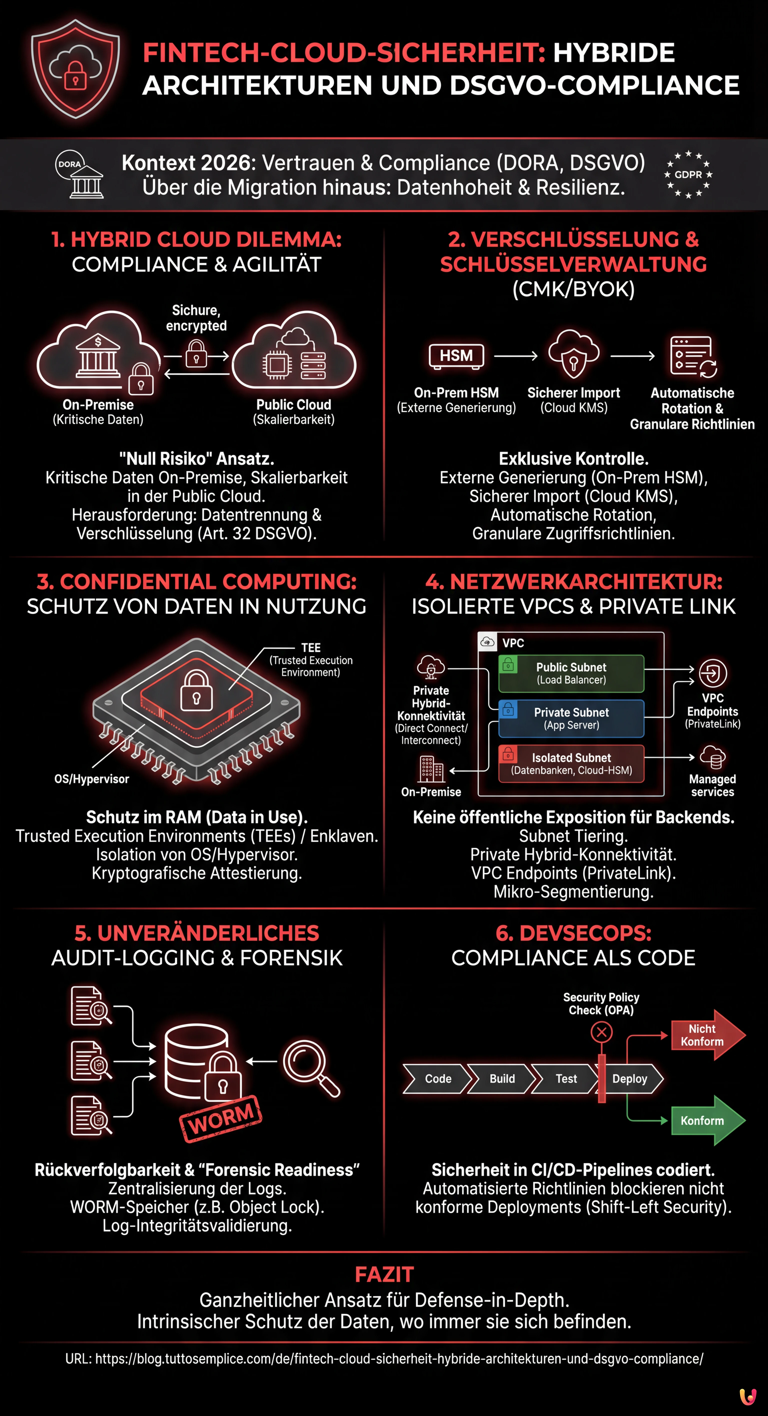 Fintech-Cloud-Sicherheit: Hybride Architekturen und DSGVO-Compliance - Zusammenfassende Infografik