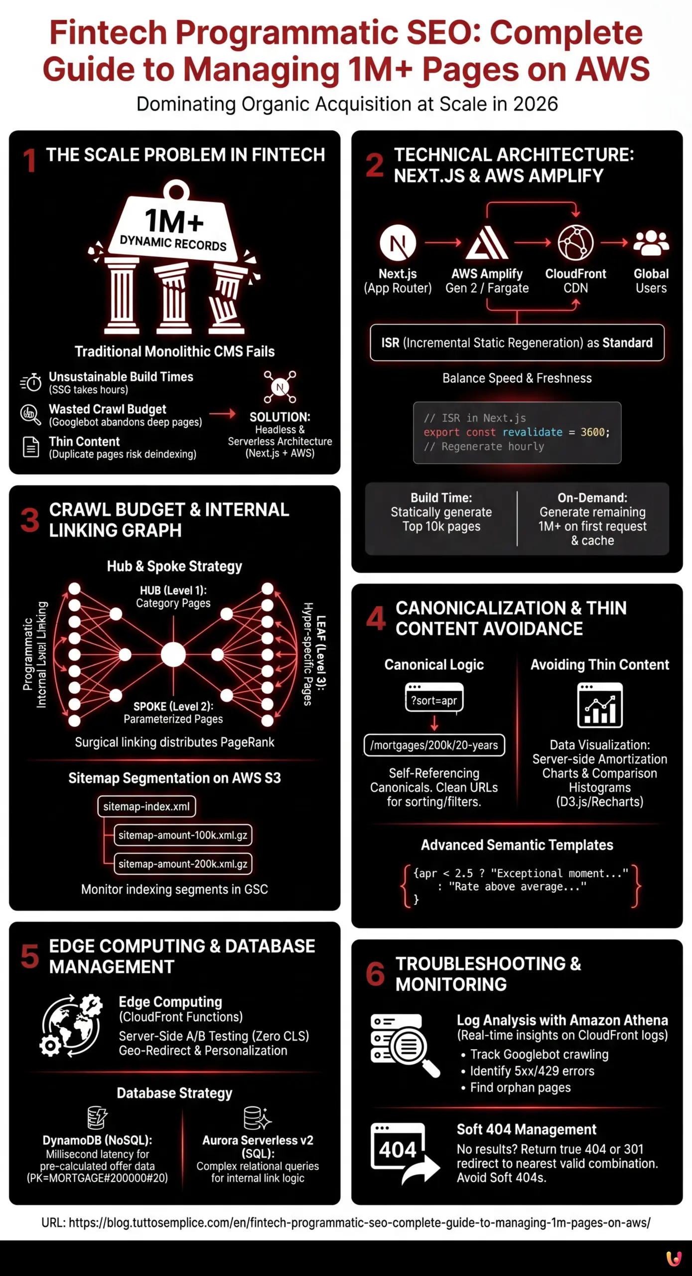 Fintech Programmatic SEO: Complete Guide to Managing 1M+ Pages on AWS - Summary Infographic