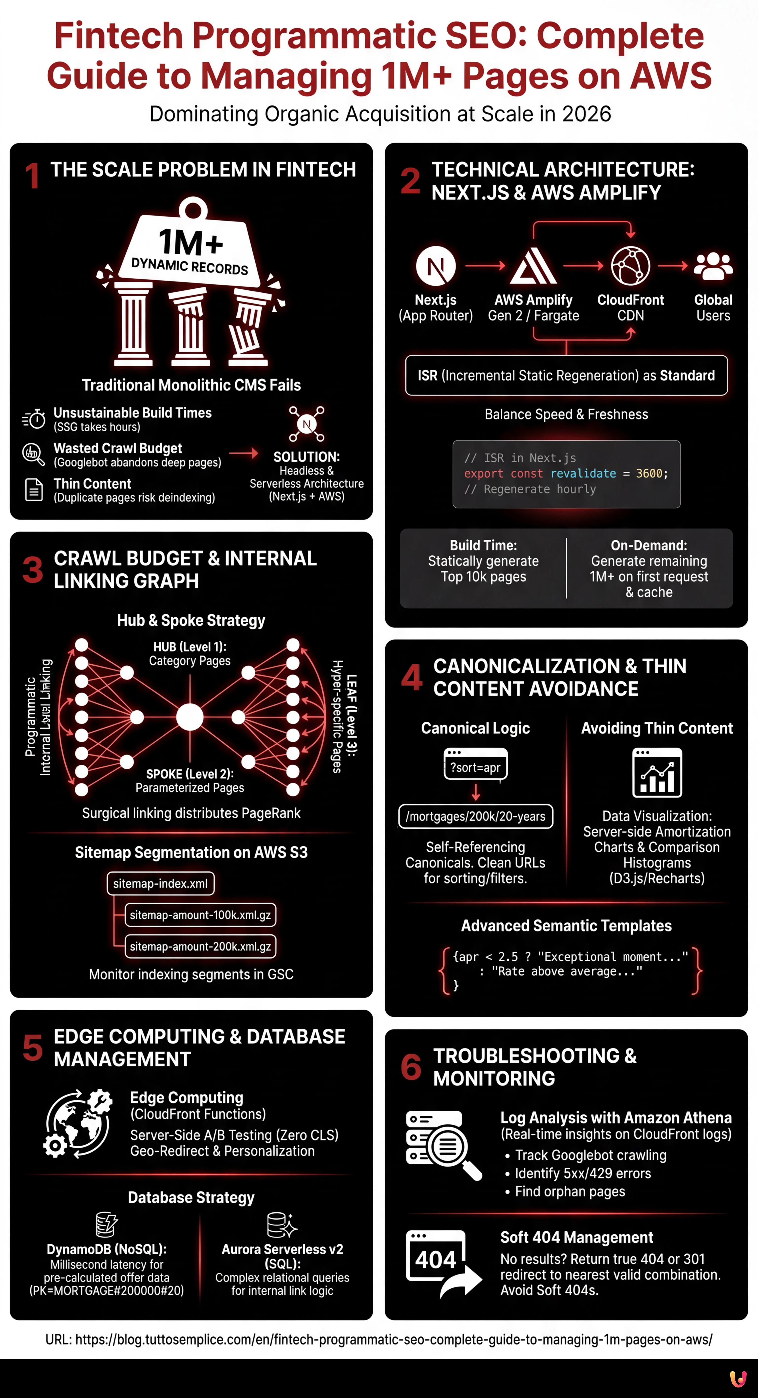 Fintech Programmatic SEO: Complete Guide to Managing 1M+ Pages on AWS - Summary Infographic