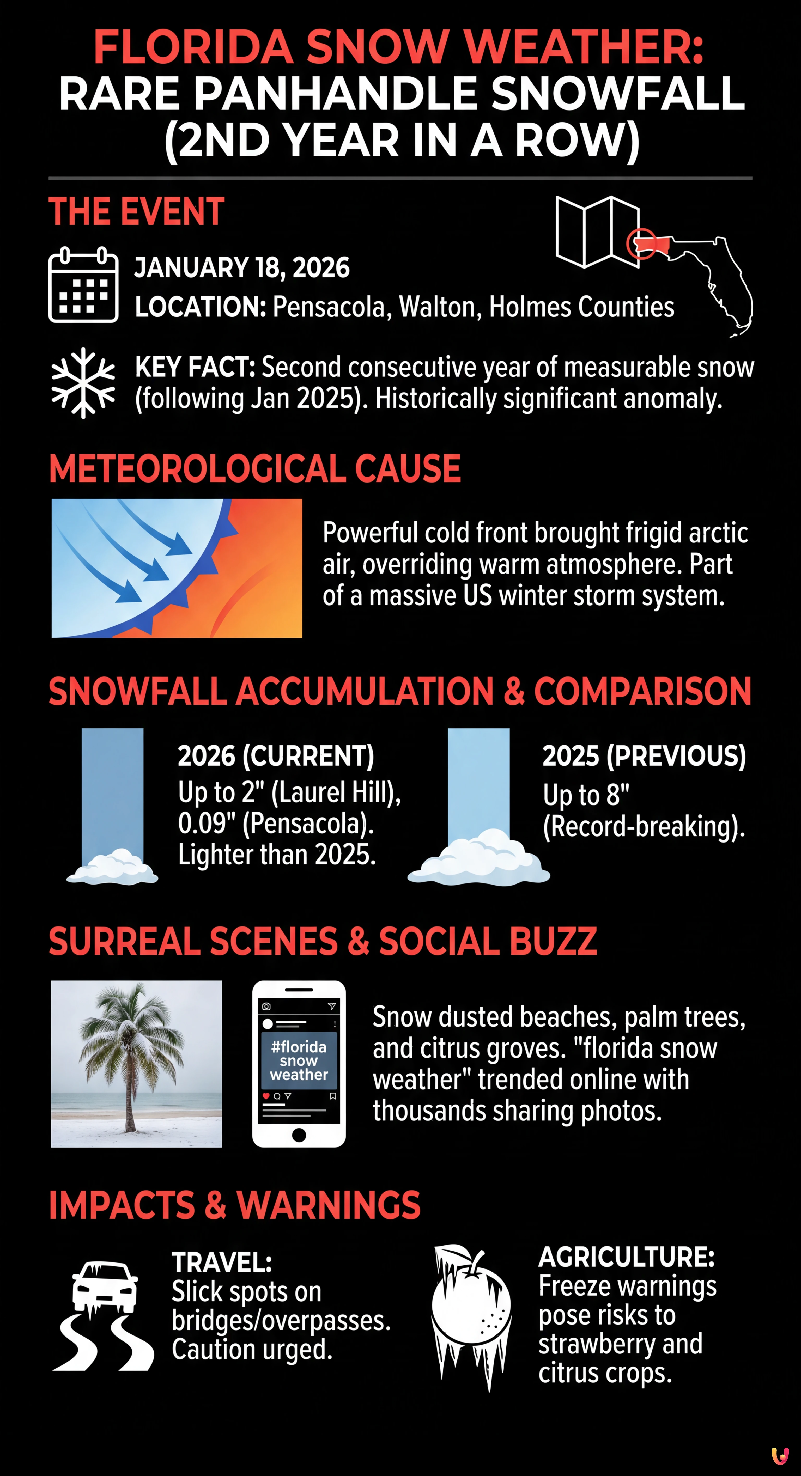 Florida Snow Weather: Rare Snowfall Hits Panhandle for Second Year - Summary Infographic