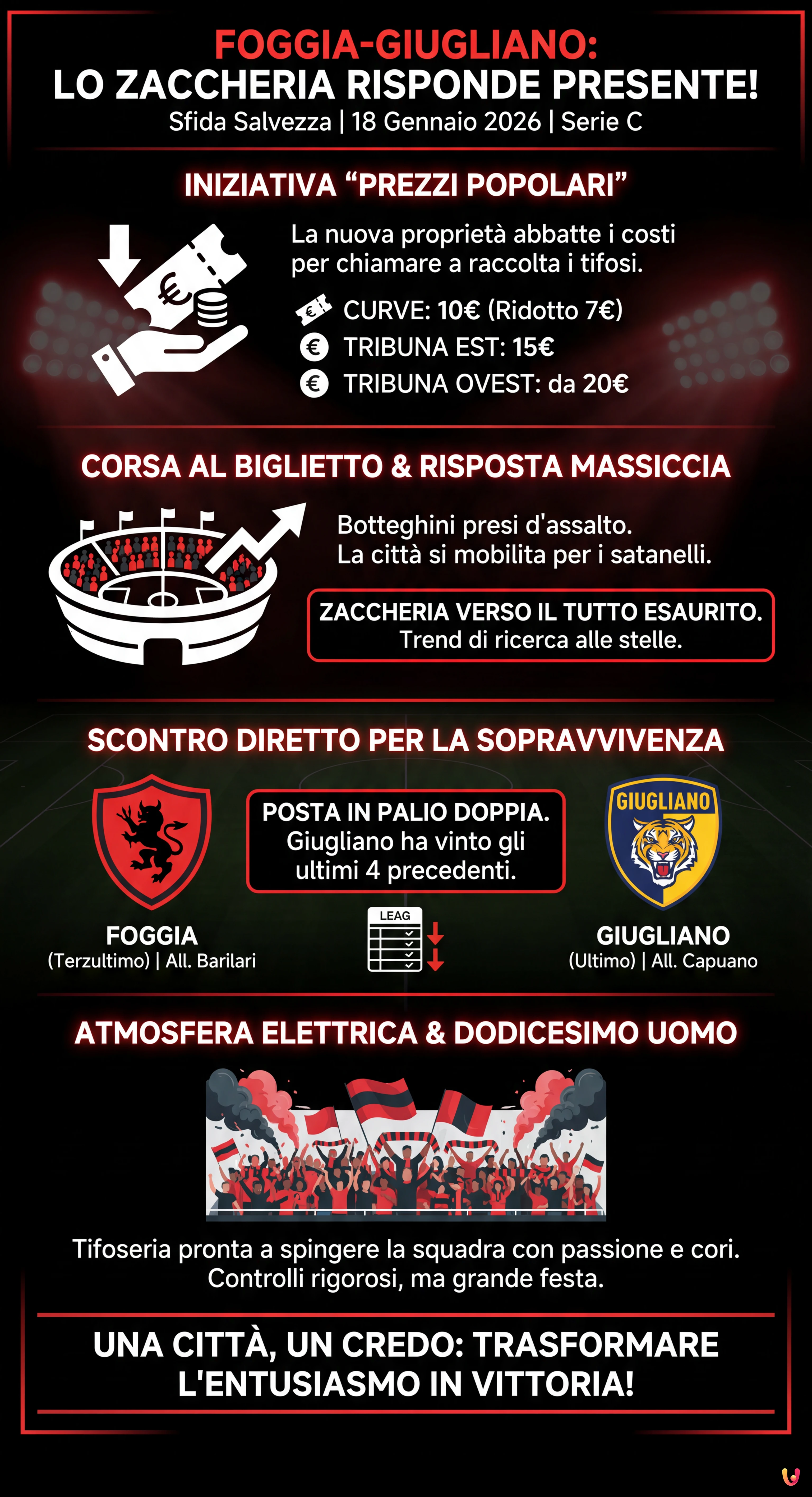 Foggia-Giugliano, lo Zaccheria risponde presente: prezzi popolari e corsa al biglietto per la sfida salvezza - Infografica riassuntiva