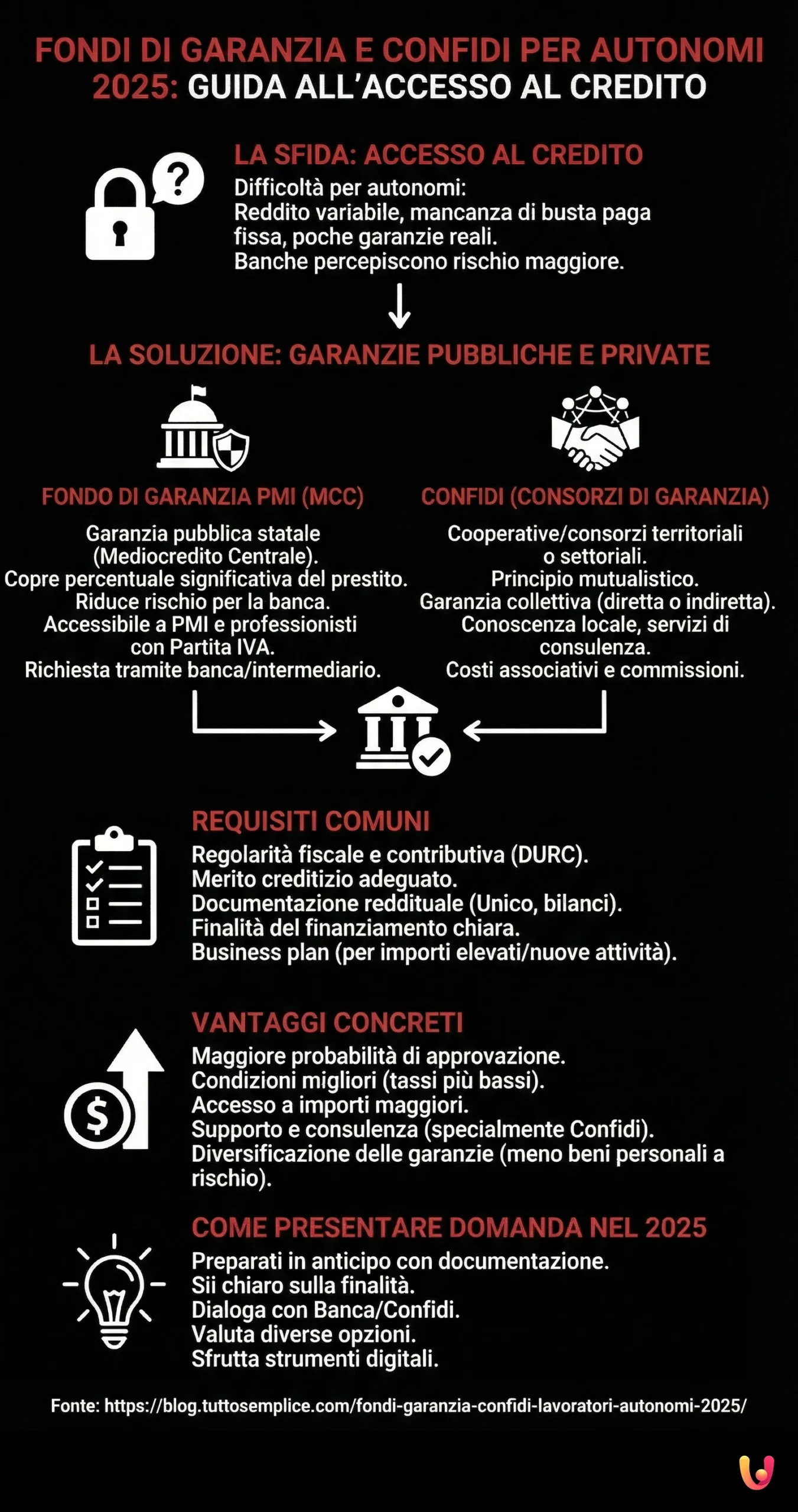 Fondi di Garanzia e Confidi per Lavoratori Autonomi e Liberi Professionisti nel 2025: La Guida Completa per Facilitare l'Accesso al Credito - Infografica riassuntiva