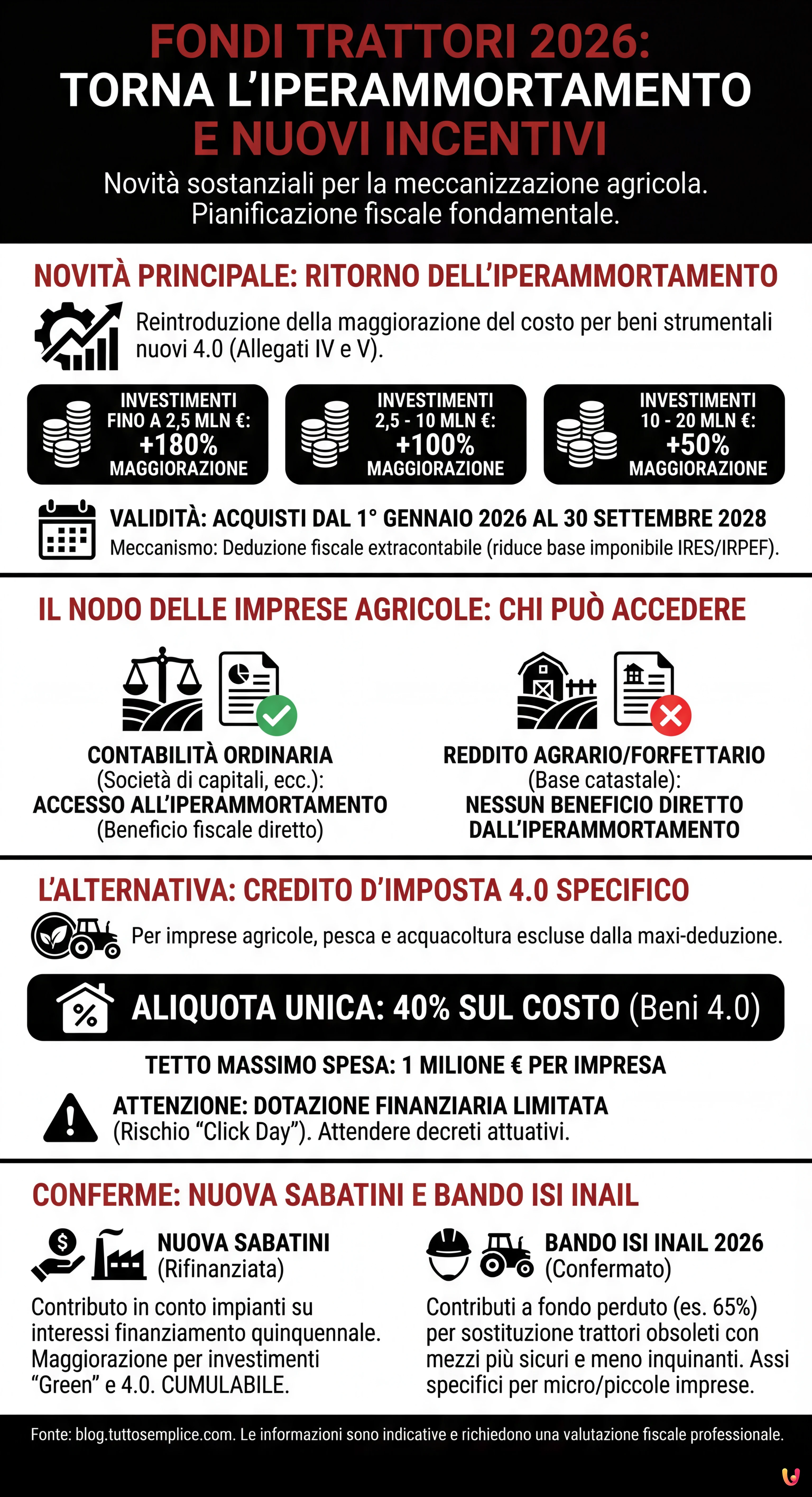 Fondi Trattori 2026: Torna l'Iperammortamento e Nuovi Incentivi - Infografica riassuntiva
