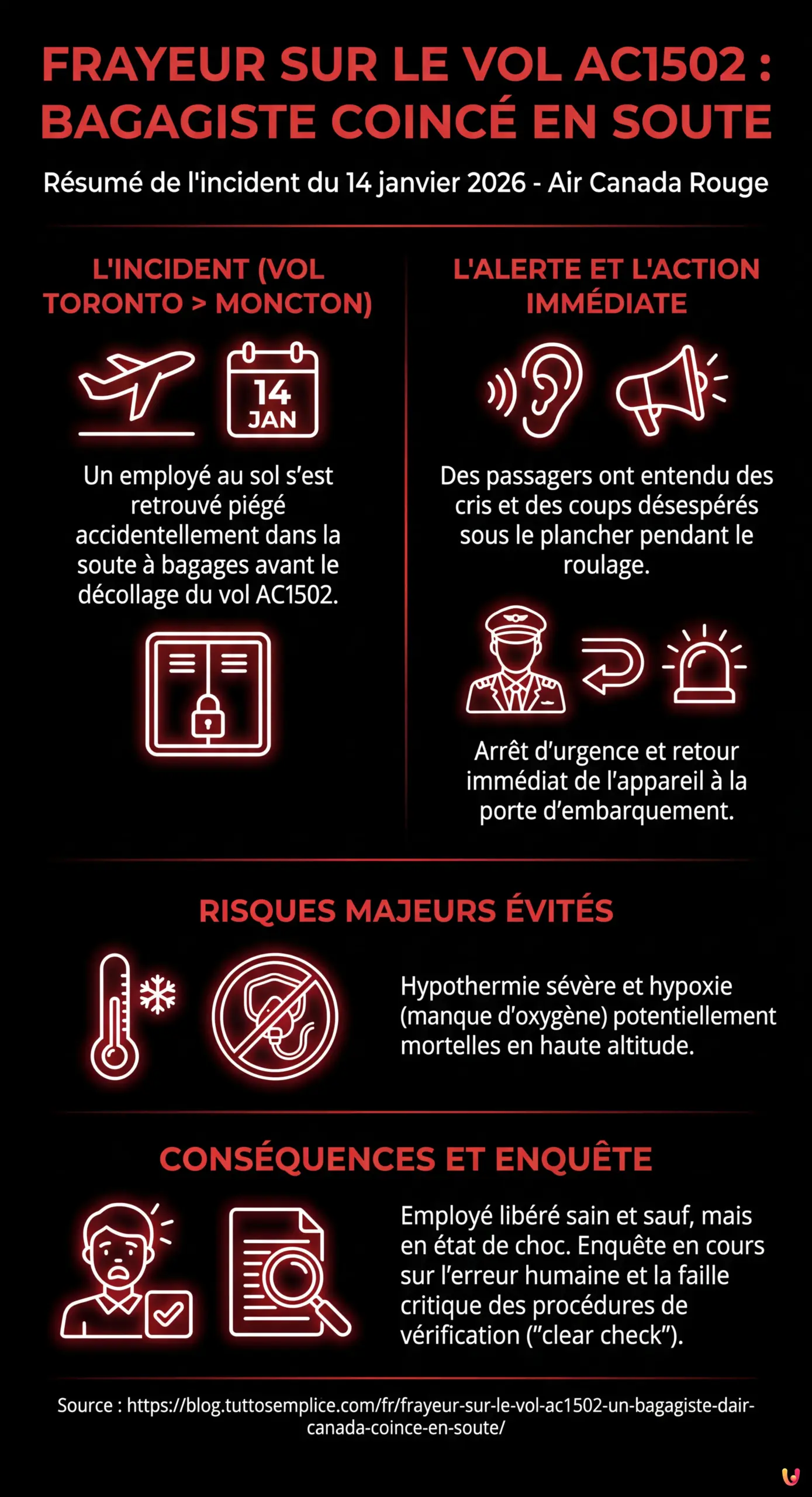 Frayeur sur le vol AC1502 : Un bagagiste d'Air Canada coinc&eacute; en soute - Infographie r&eacute;sumant